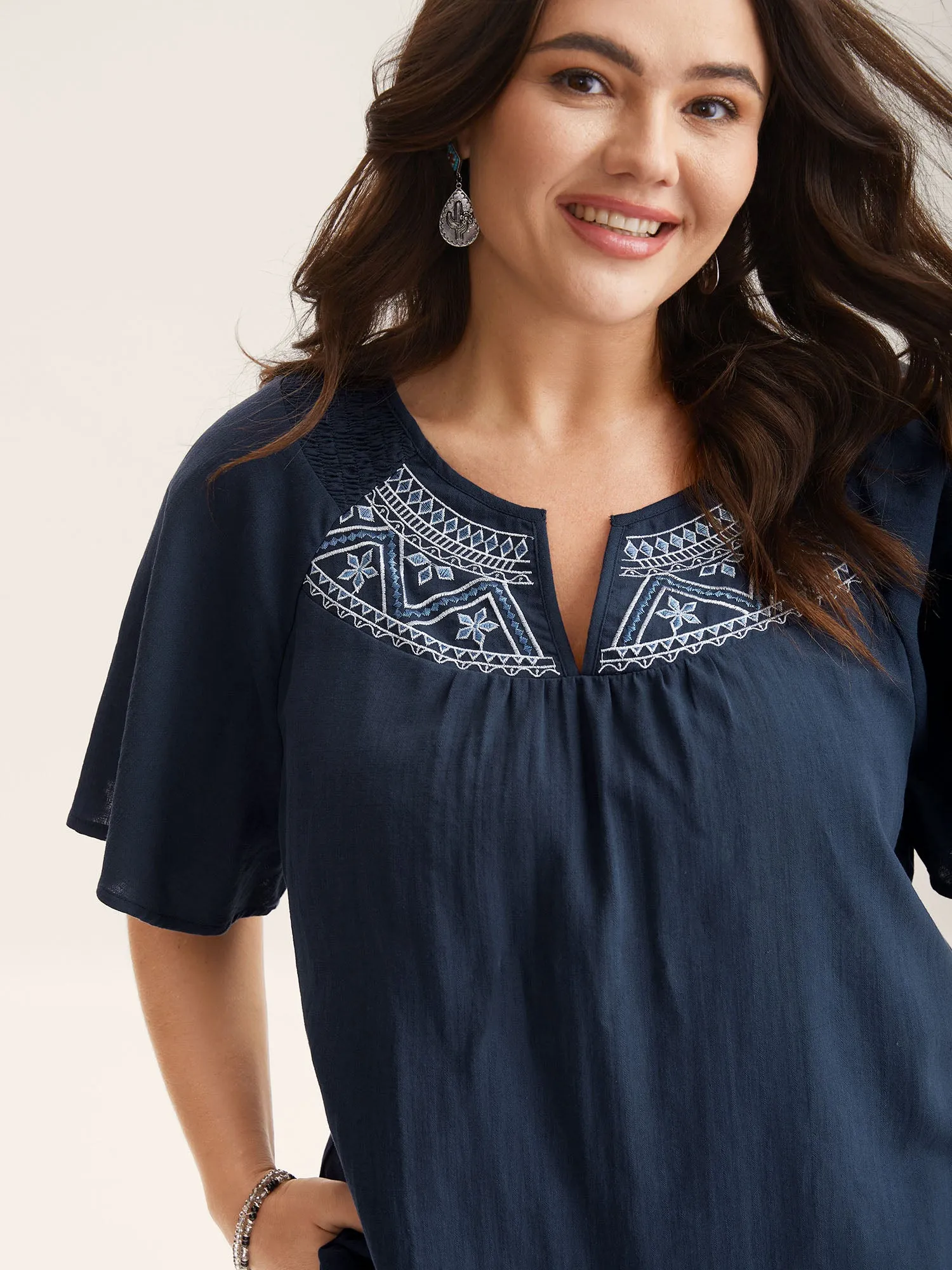 Cotton Boho Embroidered Neck Shirred Shoulder Blouse sold by Bloomchic