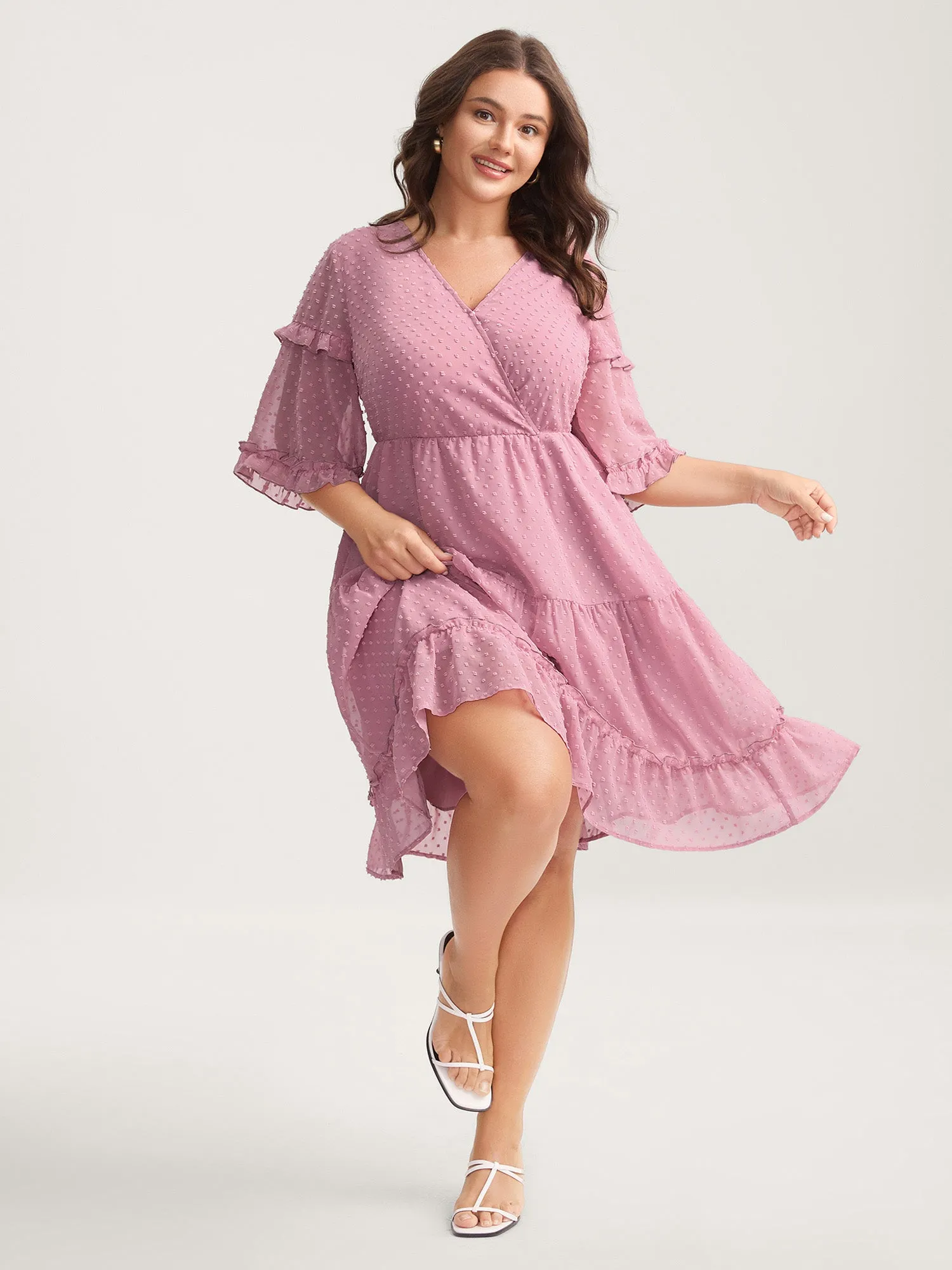 Textured Ruffled Trim Surplice Midi Dress sold by Bloomchic product image thumbnail 3