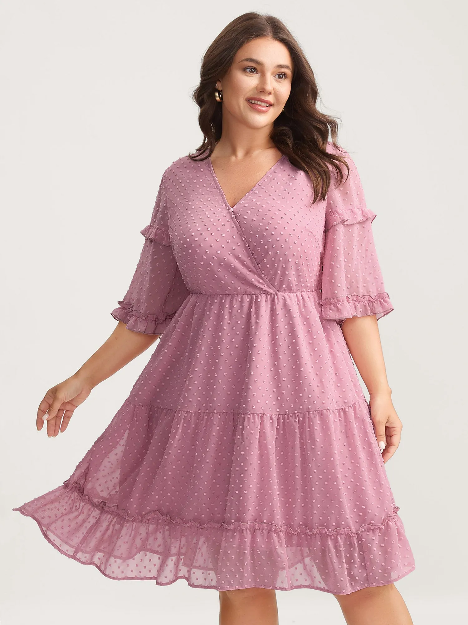 Textured Ruffled Trim Surplice Midi Dress sold by Bloomchic