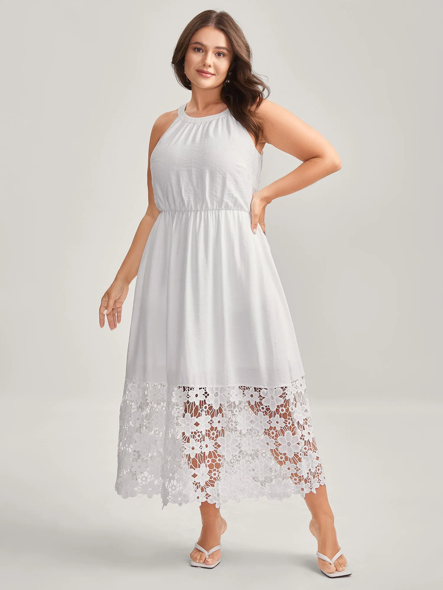 Scalloped Lace Hem Halter Neck Midi Dress sold by Bloomchic