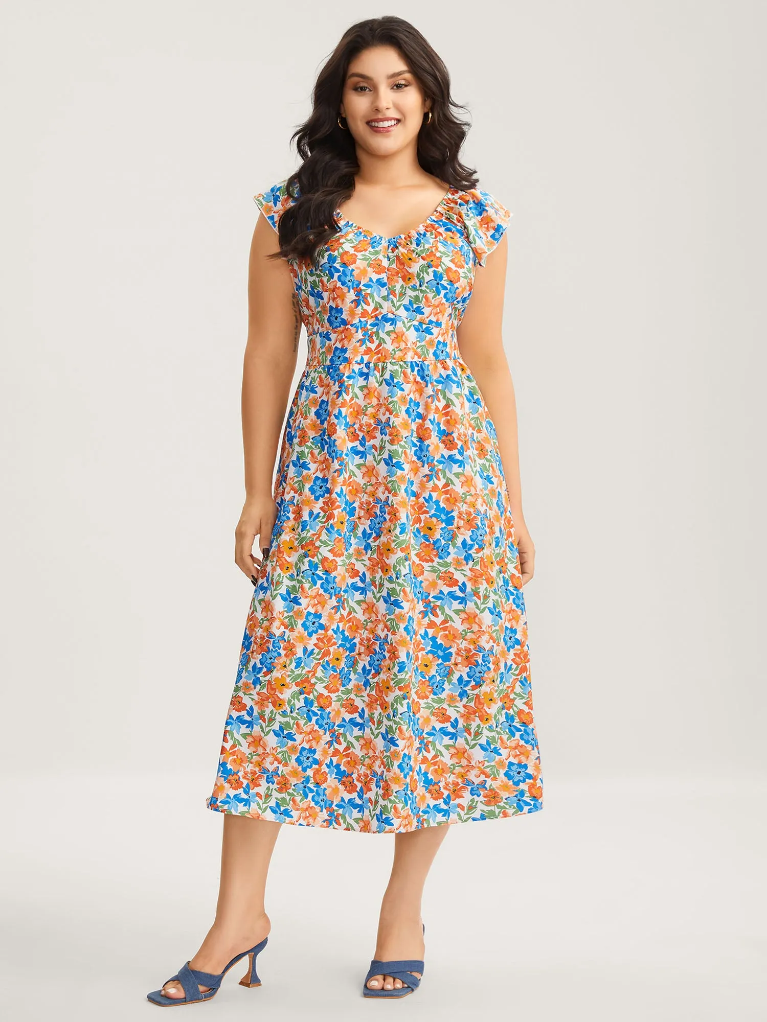 Floral Print Stretchy Waist Flutter Midi Dress sold by Bloomchic product image thumbnail 2
