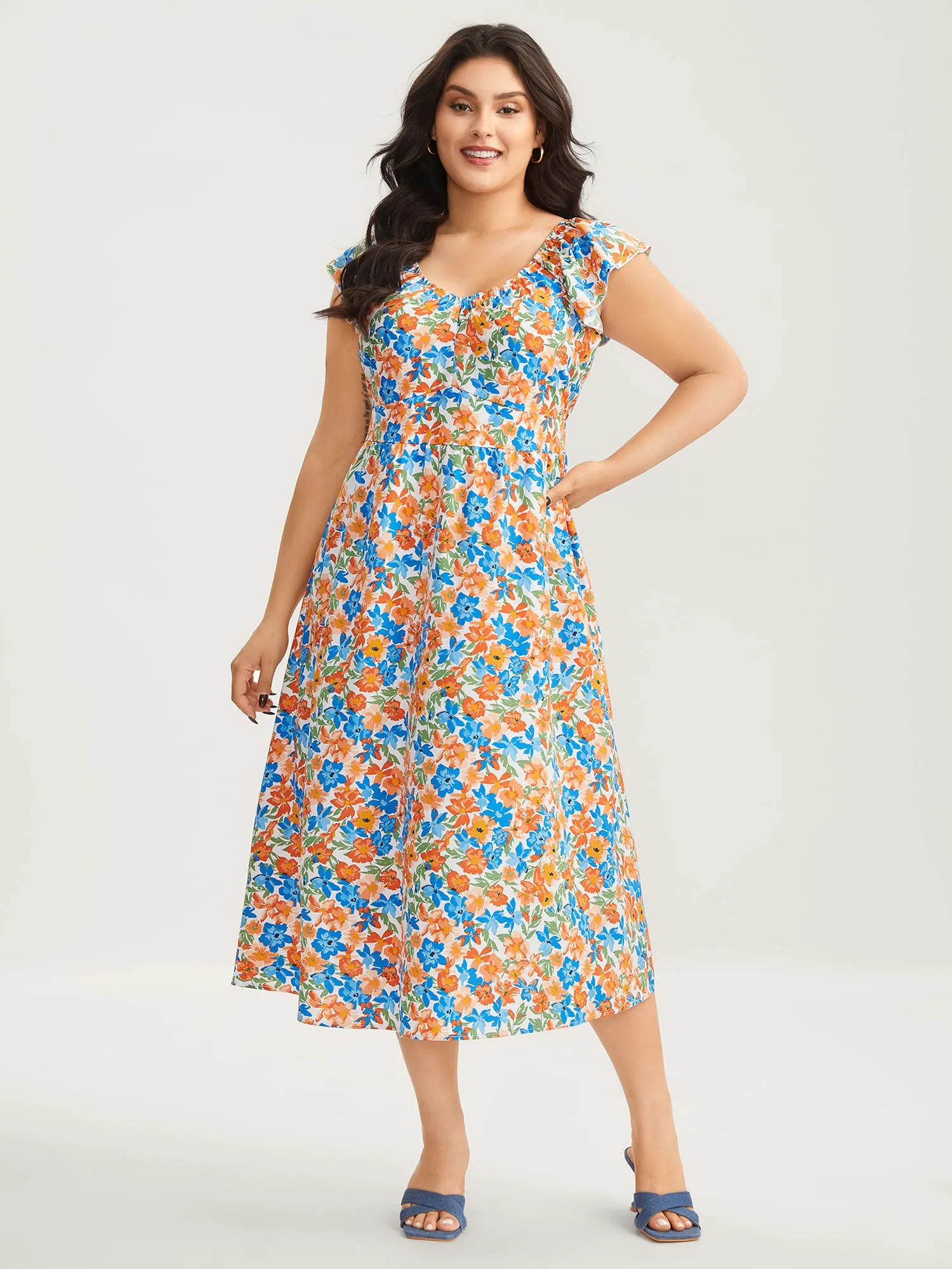 Floral Print Stretchy Waist Flutter Midi Dress sold by Bloomchic product image thumbnail 3