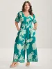 Rayon Tropical Leaf Button Detail Breezy Jumpsuit sold by Bloomchic