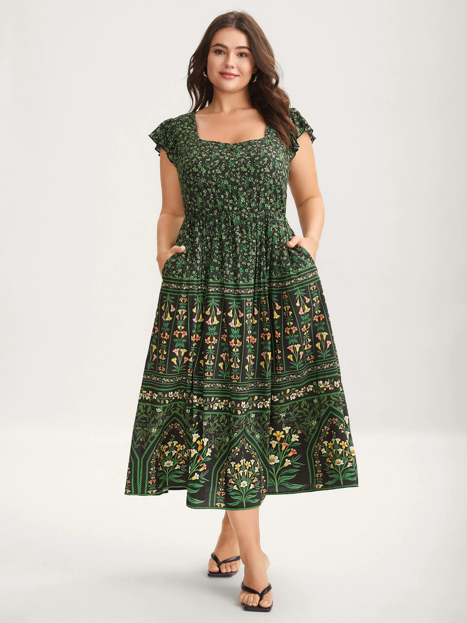 Rayon Garden Fresh Ruffled Sleeve Midi Dress sold by Bloomchic