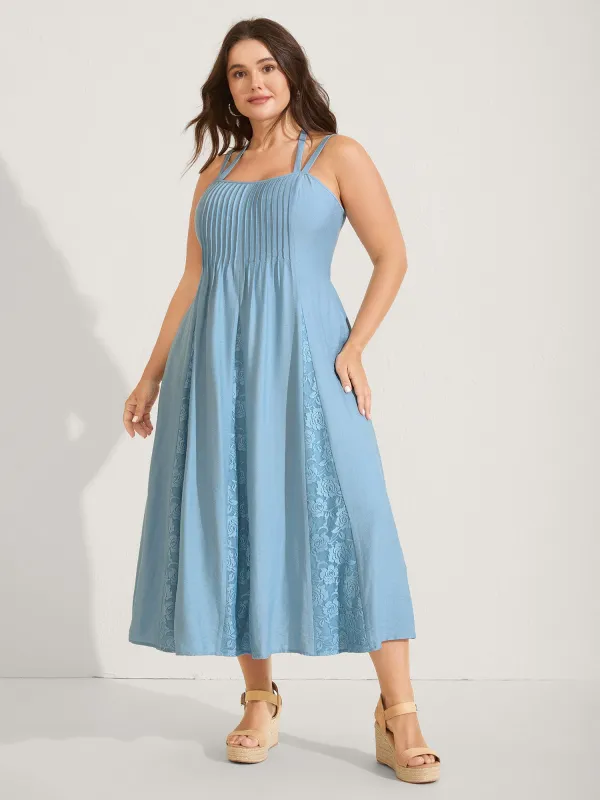 Lace Spliced Pleated Solid Midi Dress sold by Bloomchic