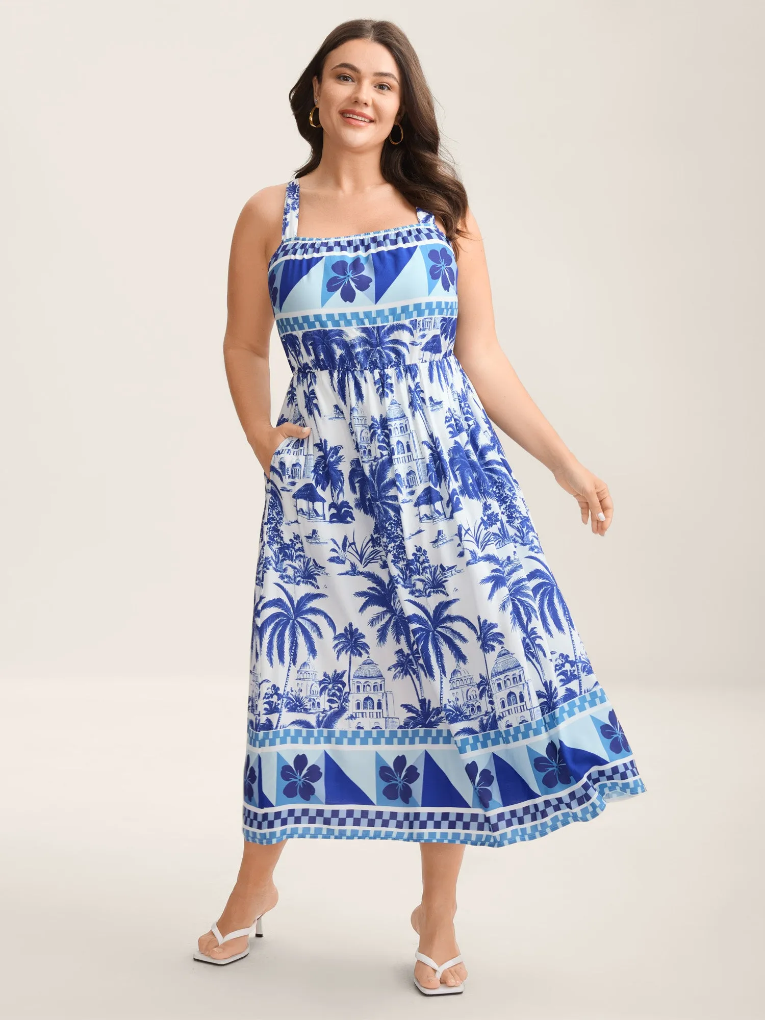 Garden Print Stretchy Waist Pockets Midi Dress sold by Bloomchic