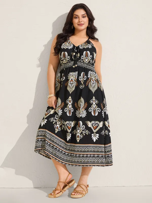 Boho Print Pockets Cinched-Waist Midi Dress sold by Bloomchic