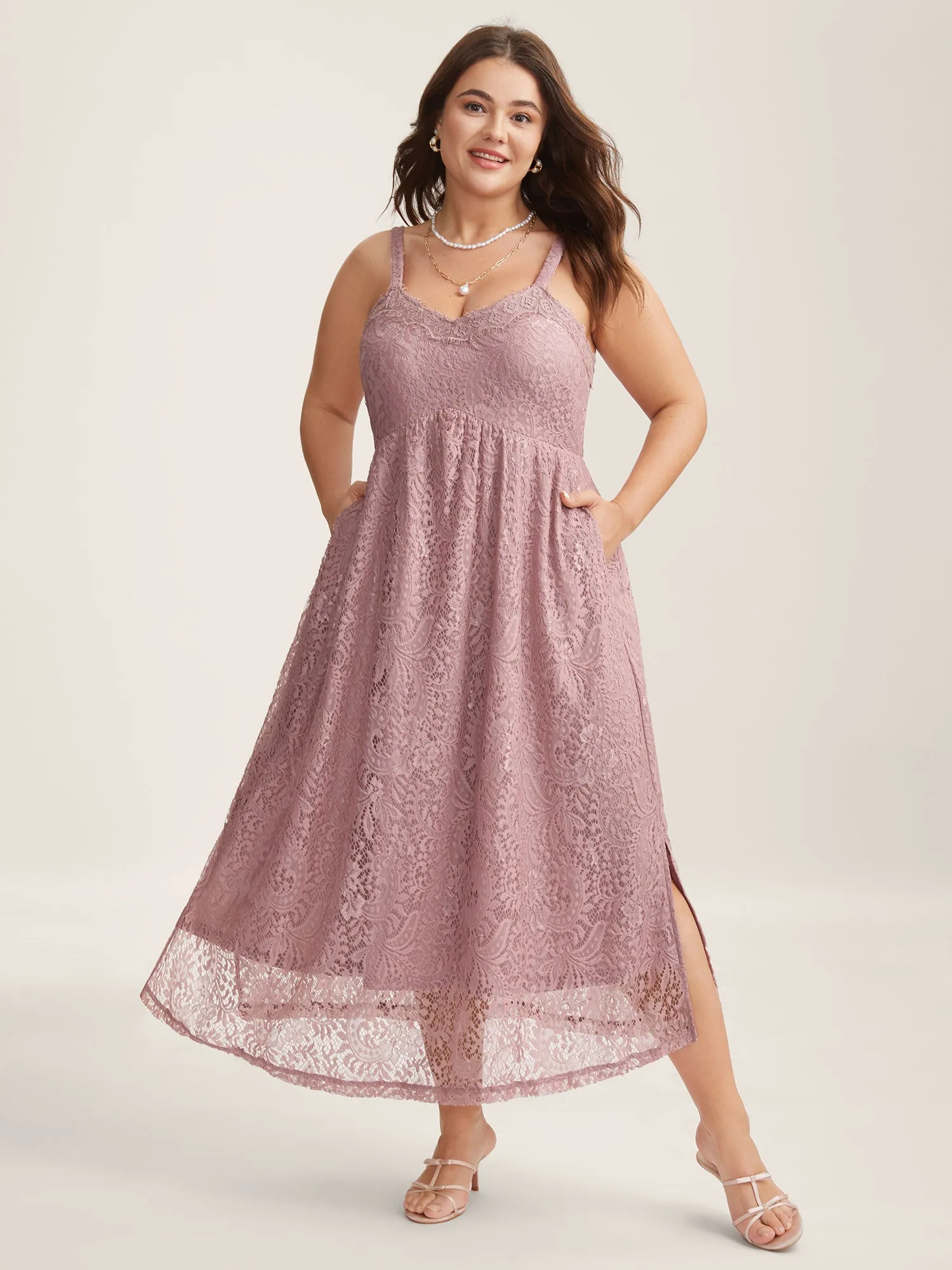 Lace Side Slit Cami Midi Dress sold by Bloomchic