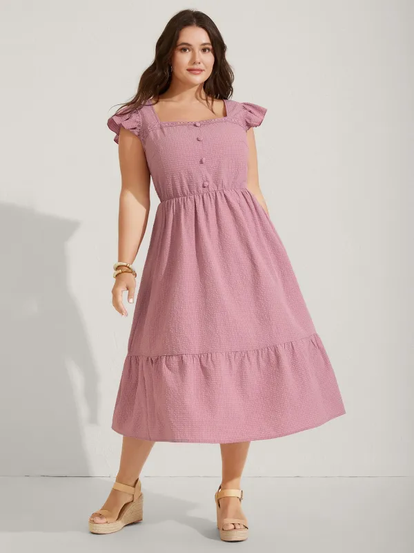 Lace Trim Button Detail Tiered Midi Dress sold by Bloomchic