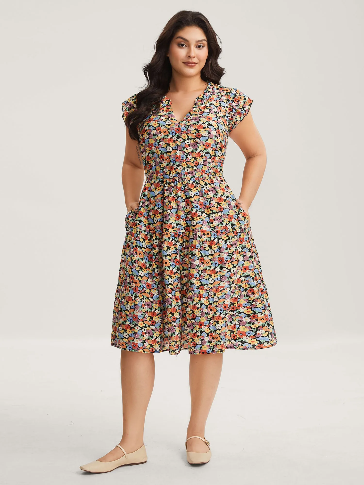Rayon Colorful Floral Print Tiered Pockets Midi Dress sold by Bloomchic product image thumbnail 3