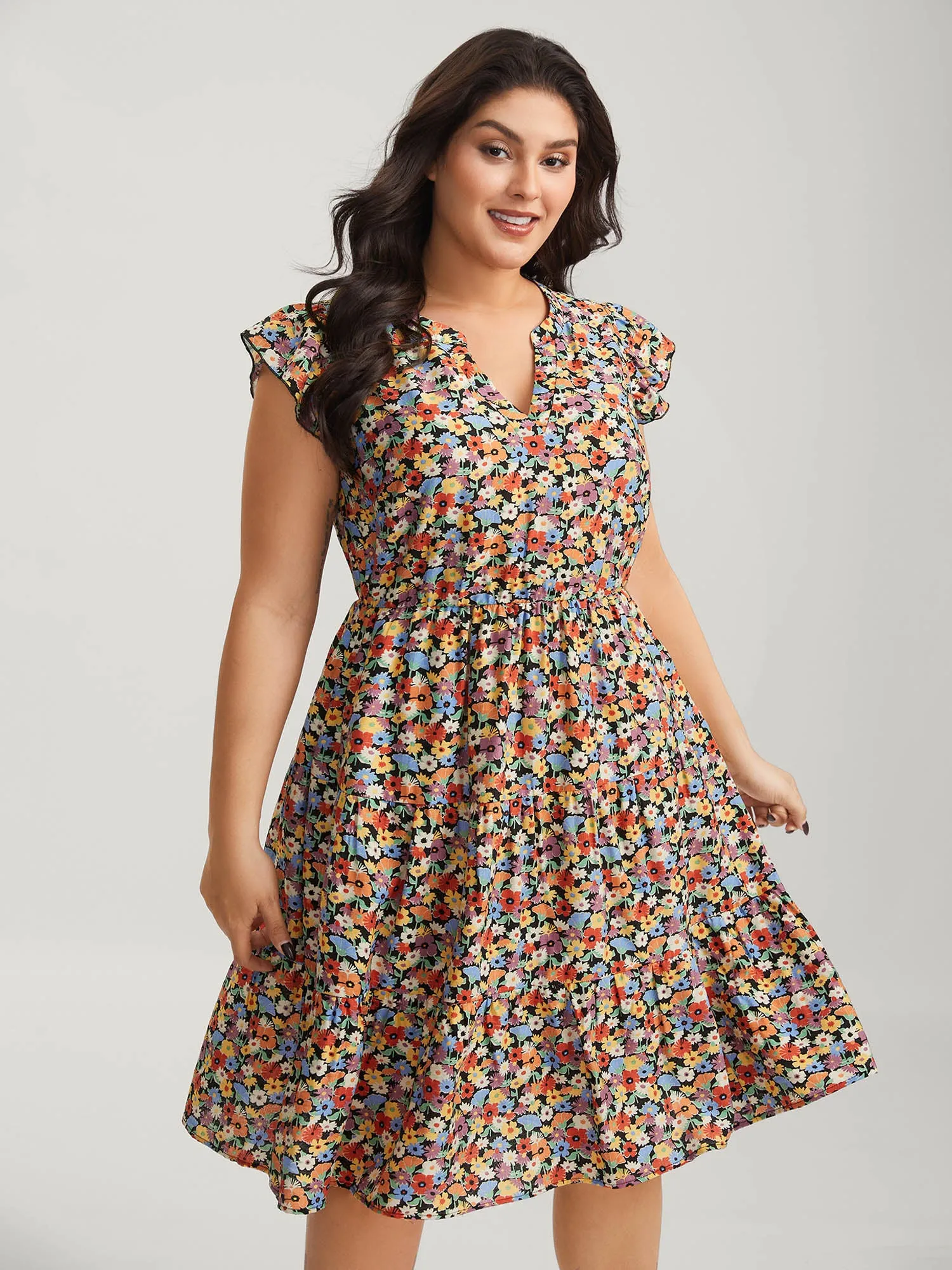 Rayon Colorful Floral Print Tiered Pockets Midi Dress sold by Bloomchic