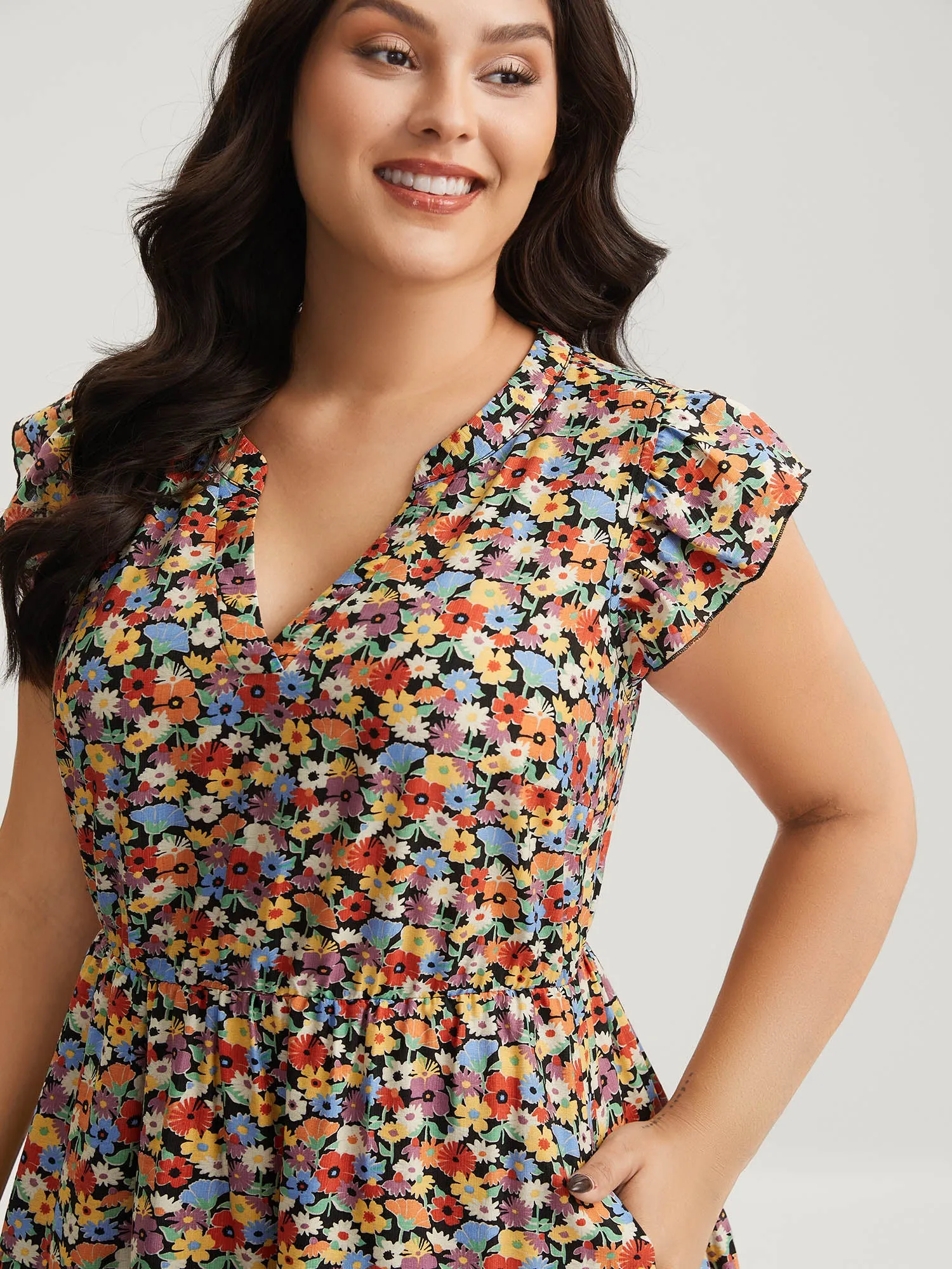 Rayon Colorful Floral Print Tiered Pockets Midi Dress sold by Bloomchic product image thumbnail 2