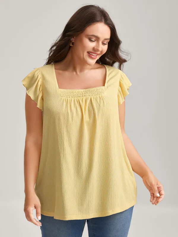 Shirred Square Neck Flowy Solid Top sold by Bloomchic