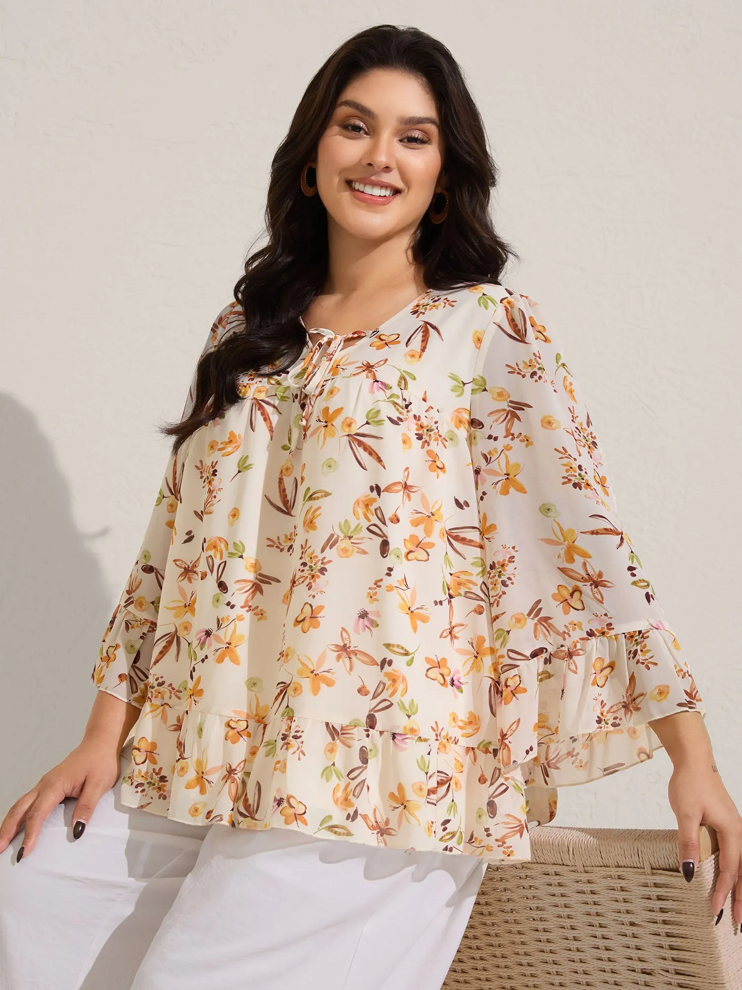Floral Chiffon Ruffled Tie Blouse sold by Bloomchic