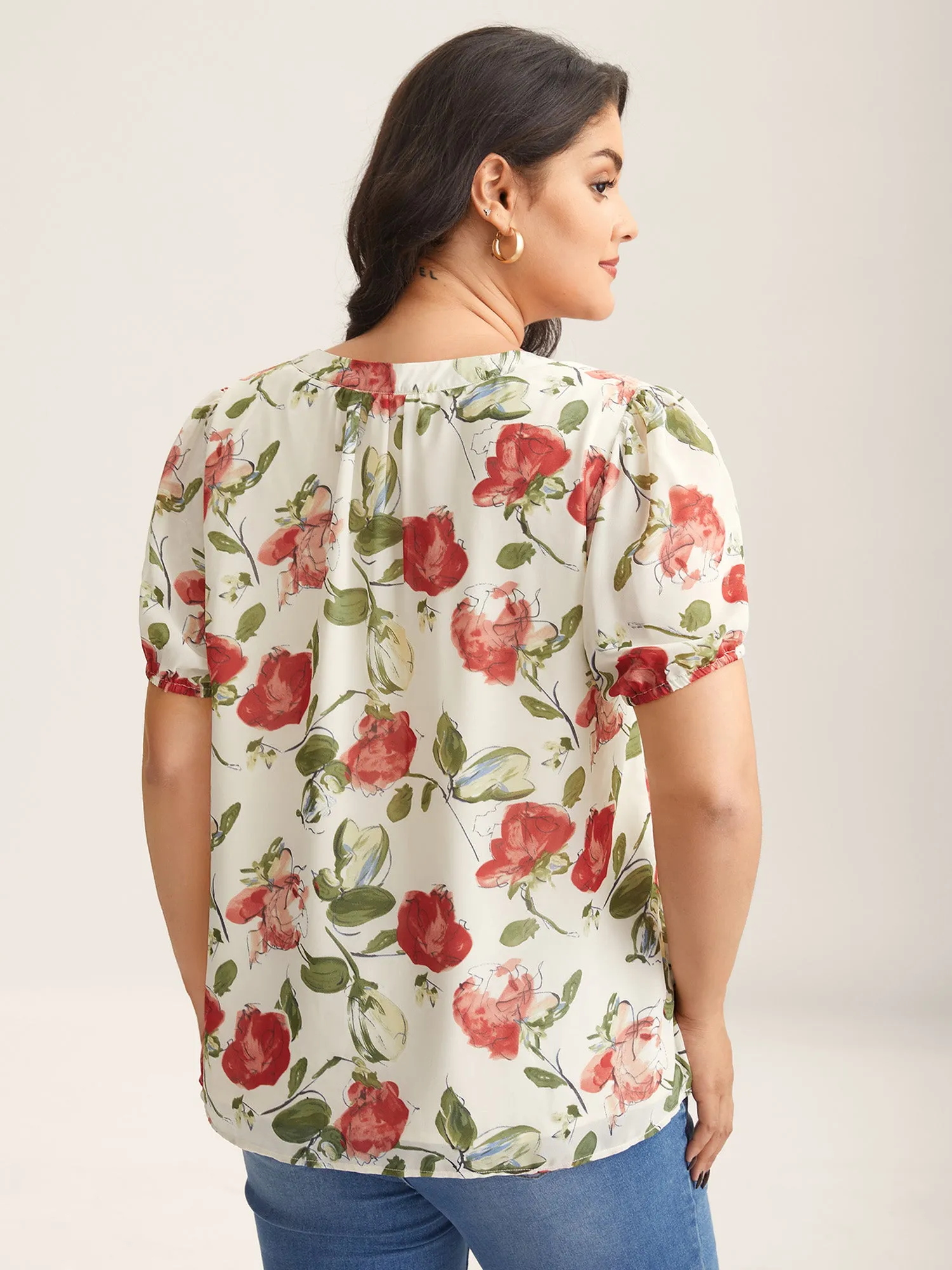Rosy Print Sheer Notched Collar Blouse sold by Bloomchic product image thumbnail 4
