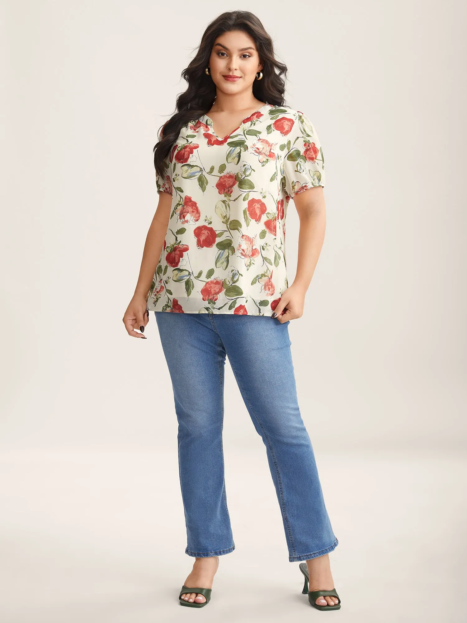 Rosy Print Sheer Notched Collar Blouse sold by Bloomchic product image thumbnail 3