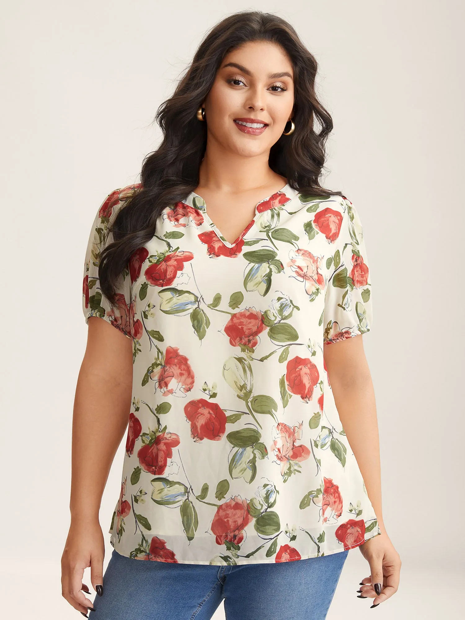 Rosy Print Sheer Notched Collar Blouse sold by Bloomchic