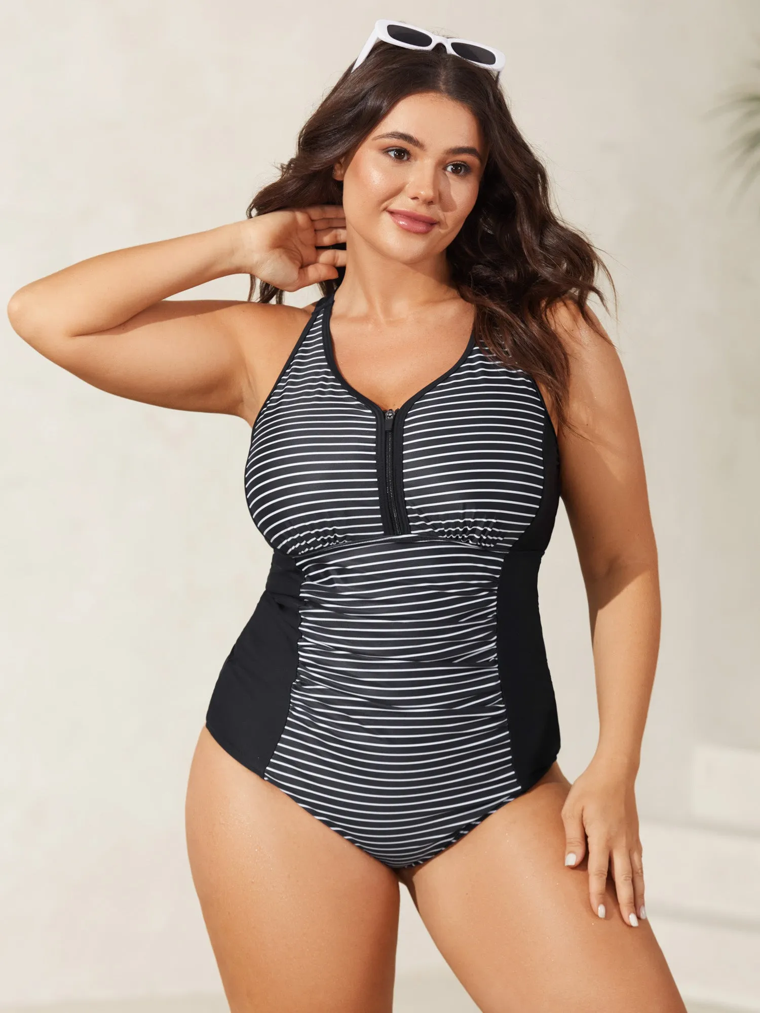 Stripes Color Contrast One-Piece Swimsuit sold by Bloomchic
