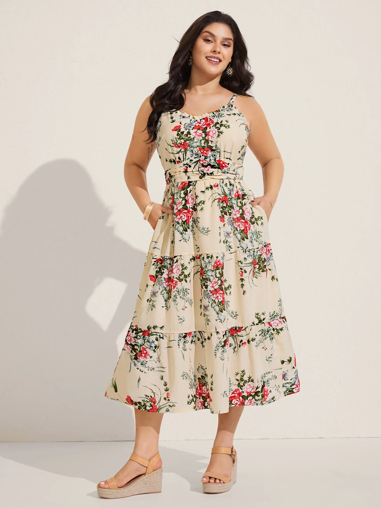 Floral Pleated Waist Pockets Midi Dress sold by Bloomchic