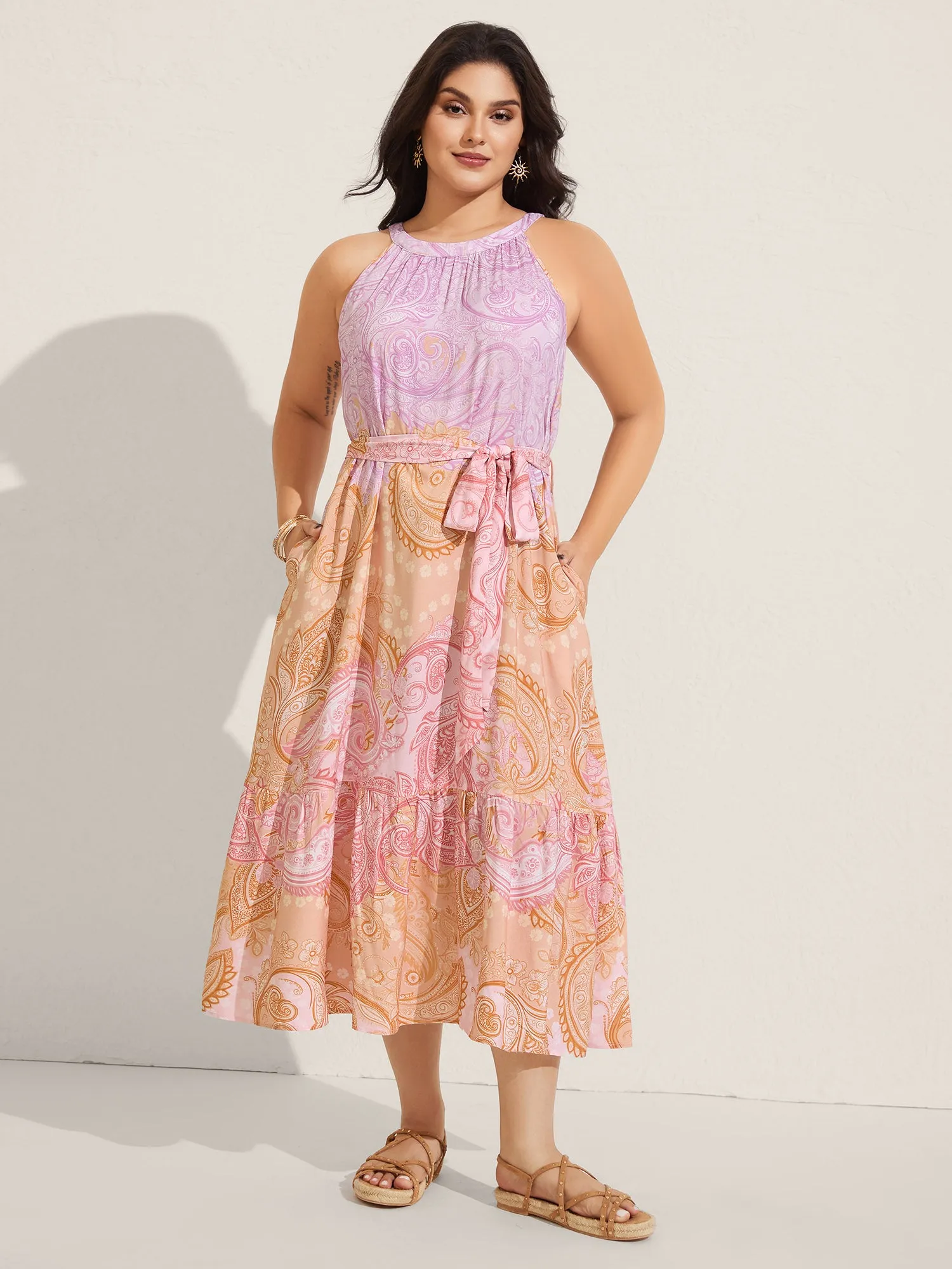 Paisley Print Belted Color Contrast Midi Dress sold by Bloomchic