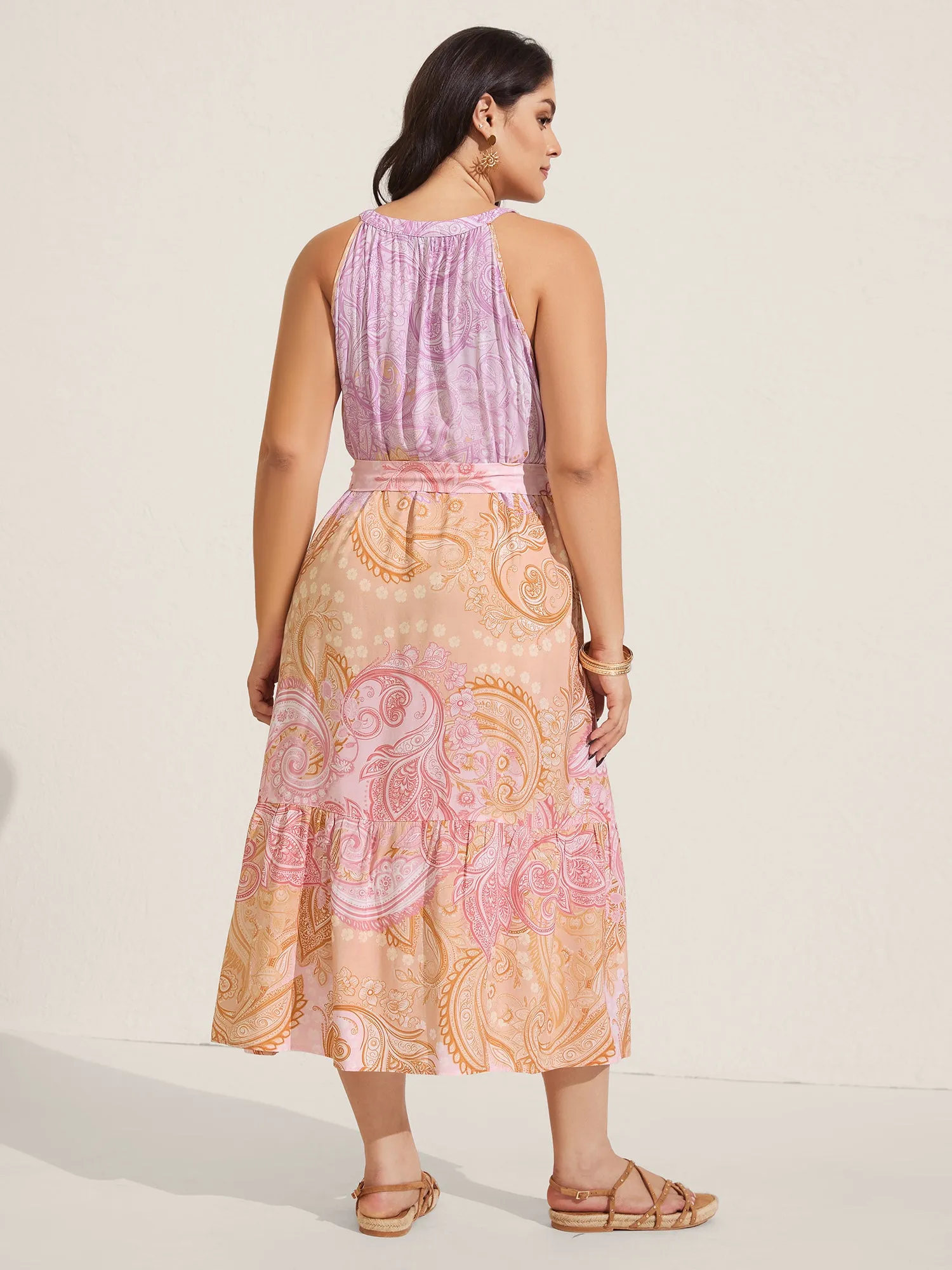 Paisley Print Belted Color Contrast Midi Dress sold by Bloomchic product image thumbnail 4
