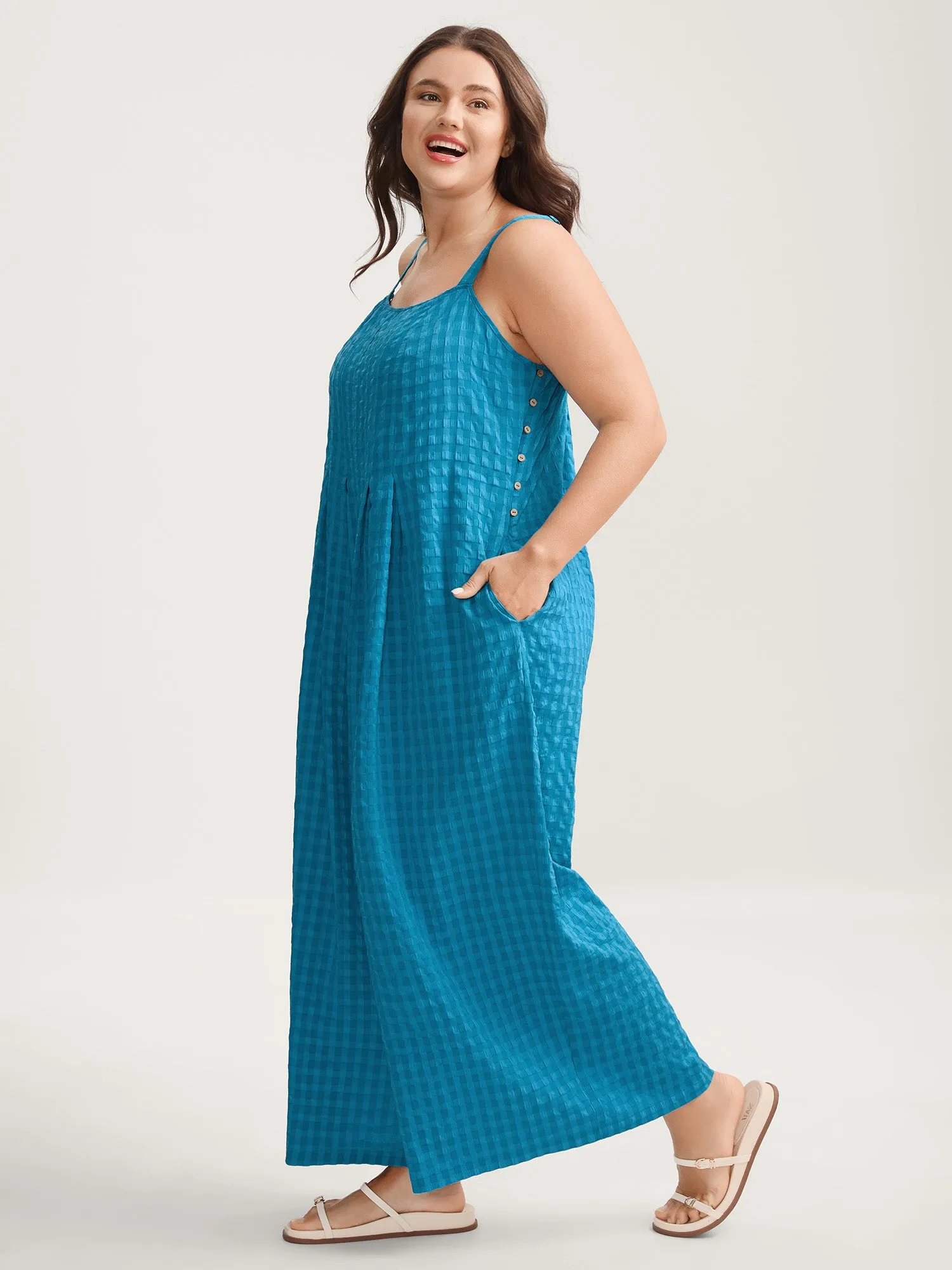 Textured Plaid Pleated Cami Jumpsuit sold by Bloomchic product image thumbnail 3