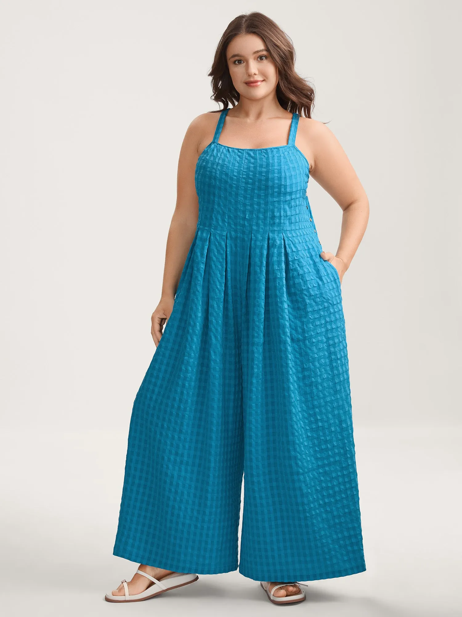 Textured Plaid Pleated Cami Jumpsuit sold by Bloomchic