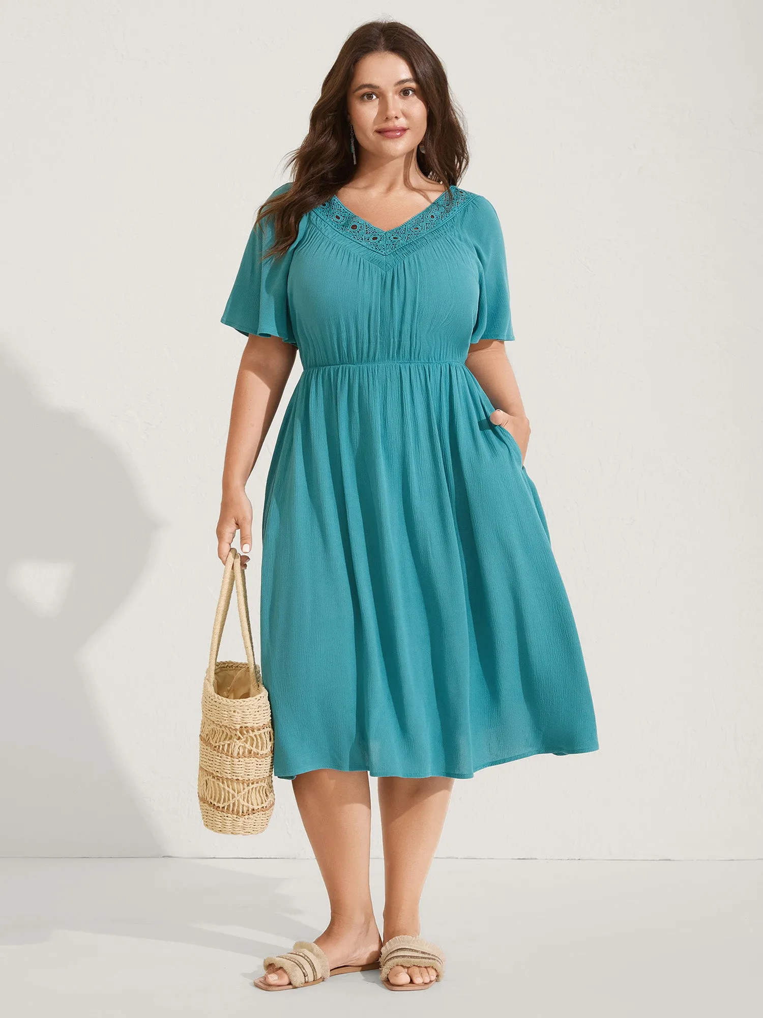 Lace Neck Flared Sleeve Midi Dress sold by Bloomchic product image thumbnail 3