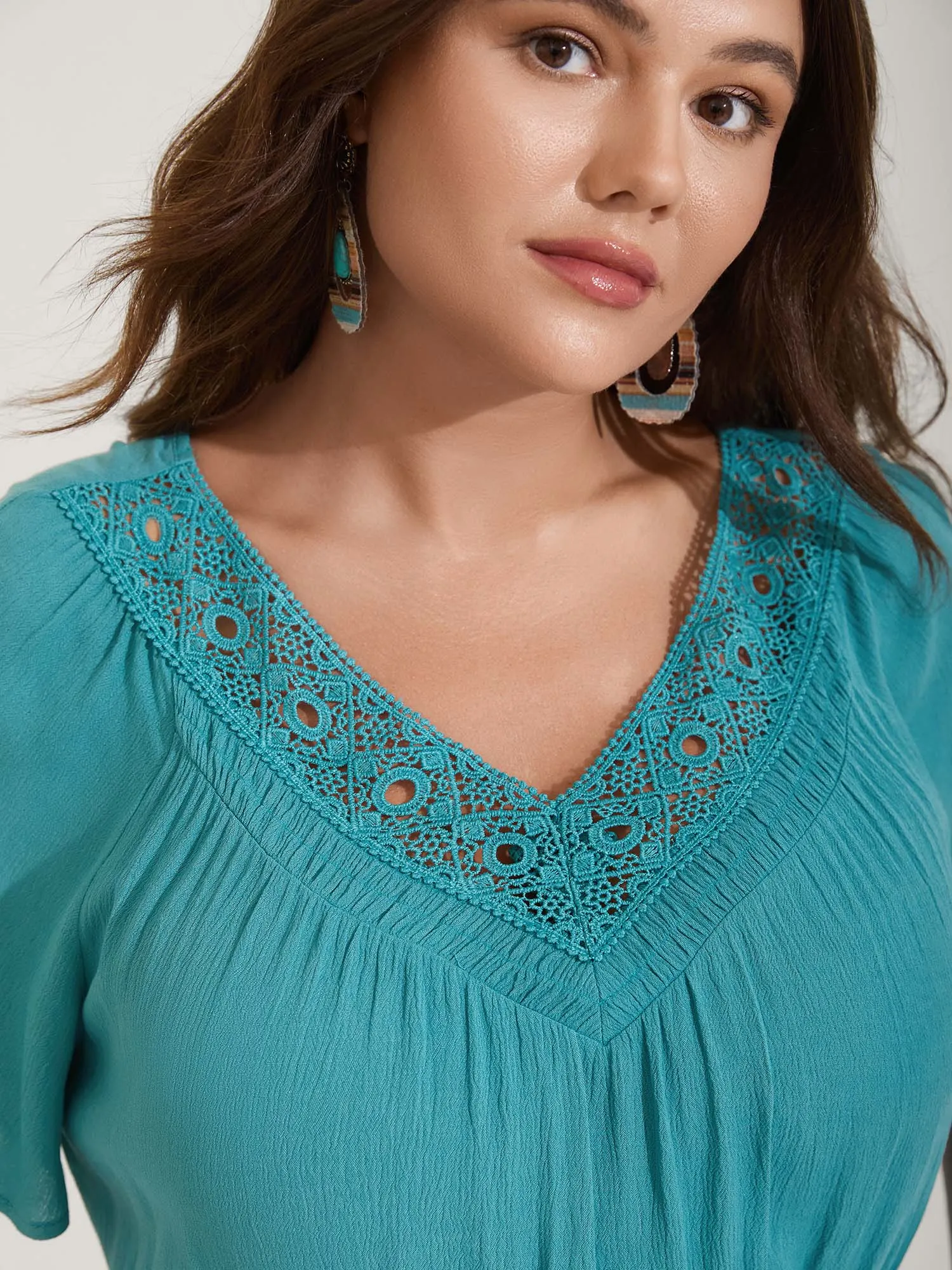 Lace Neck Flared Sleeve Midi Dress sold by Bloomchic product image thumbnail 2