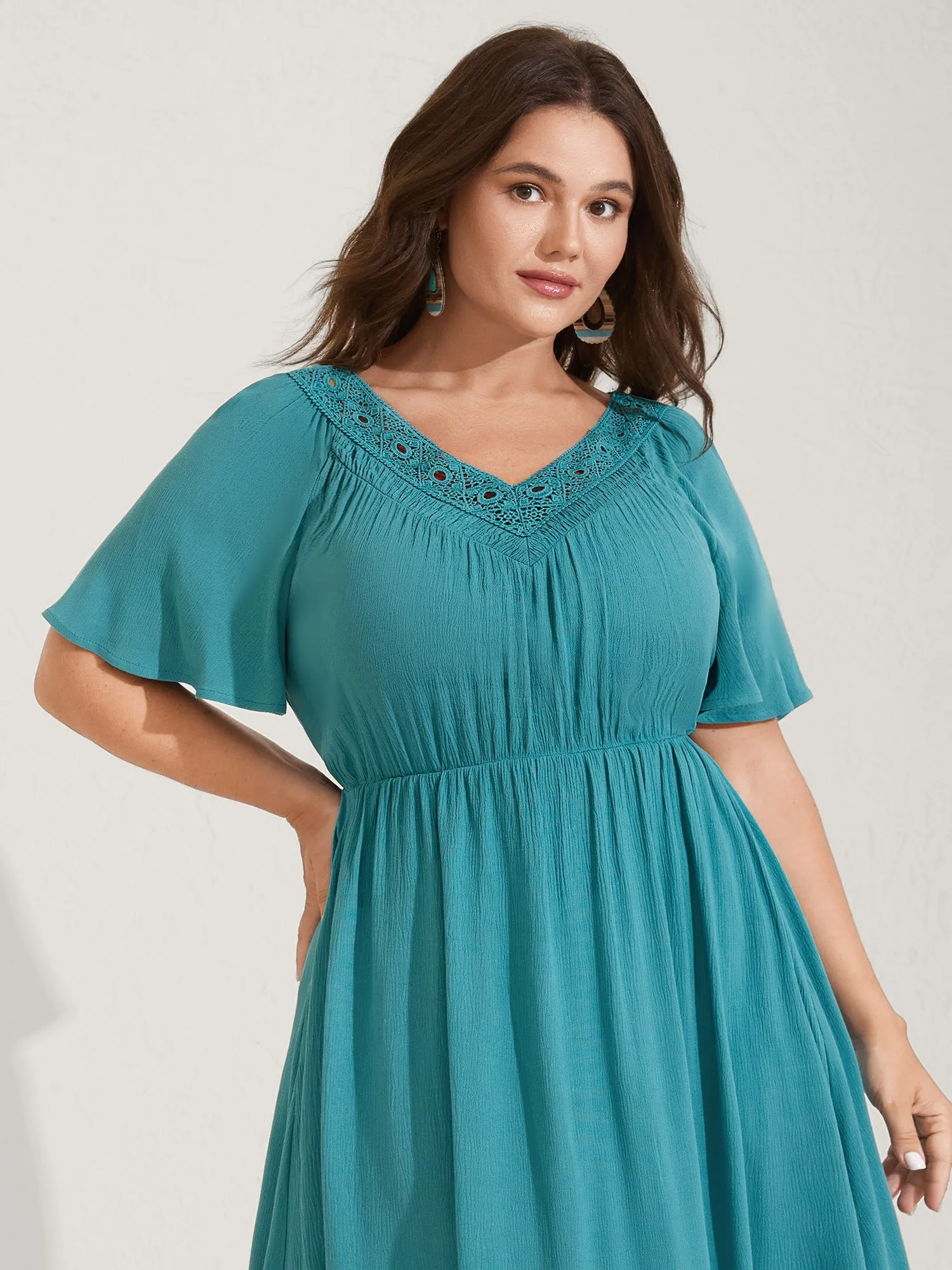 Lace Neck Flared Sleeve Midi Dress sold by Bloomchic