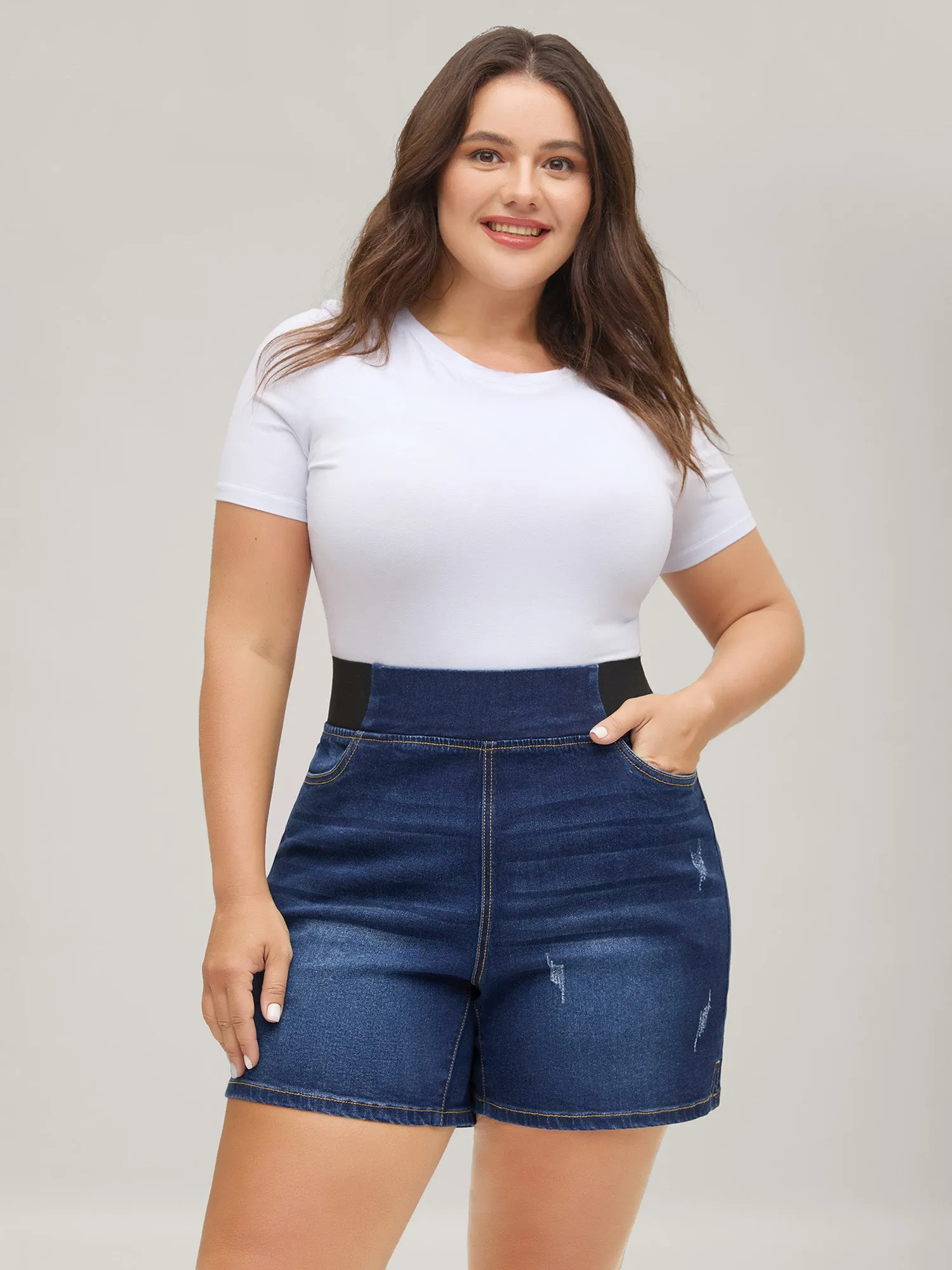 Pull-On Stretchy Waist Denim Shorts sold by Bloomchic product image thumbnail 4