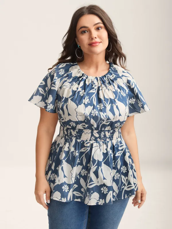 Cotton Silhouette Floral Print Shirred Waist Blouse sold by Bloomchic