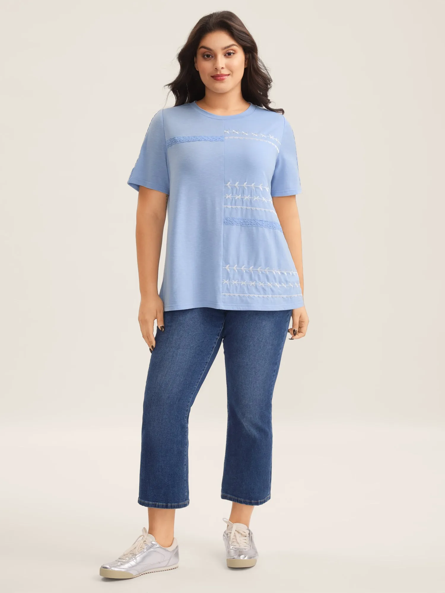 Embroidered Lace Spliced Solid T-Shirt sold by Bloomchic product image thumbnail 3