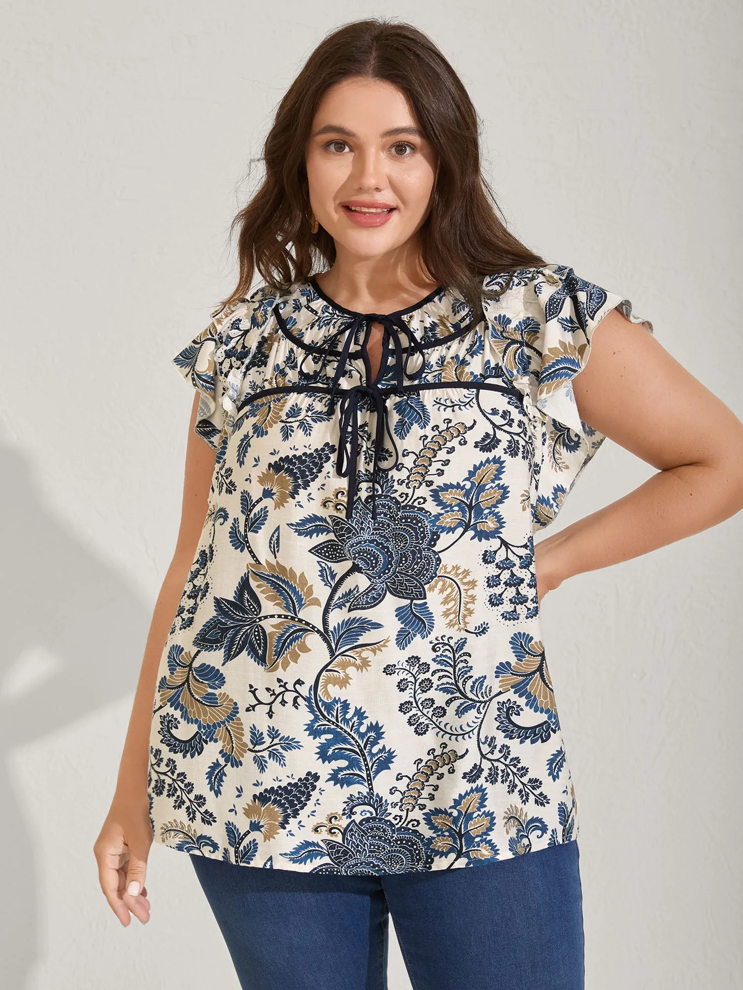 Floral Print Contrast Neck Tie Blouse sold by Bloomchic