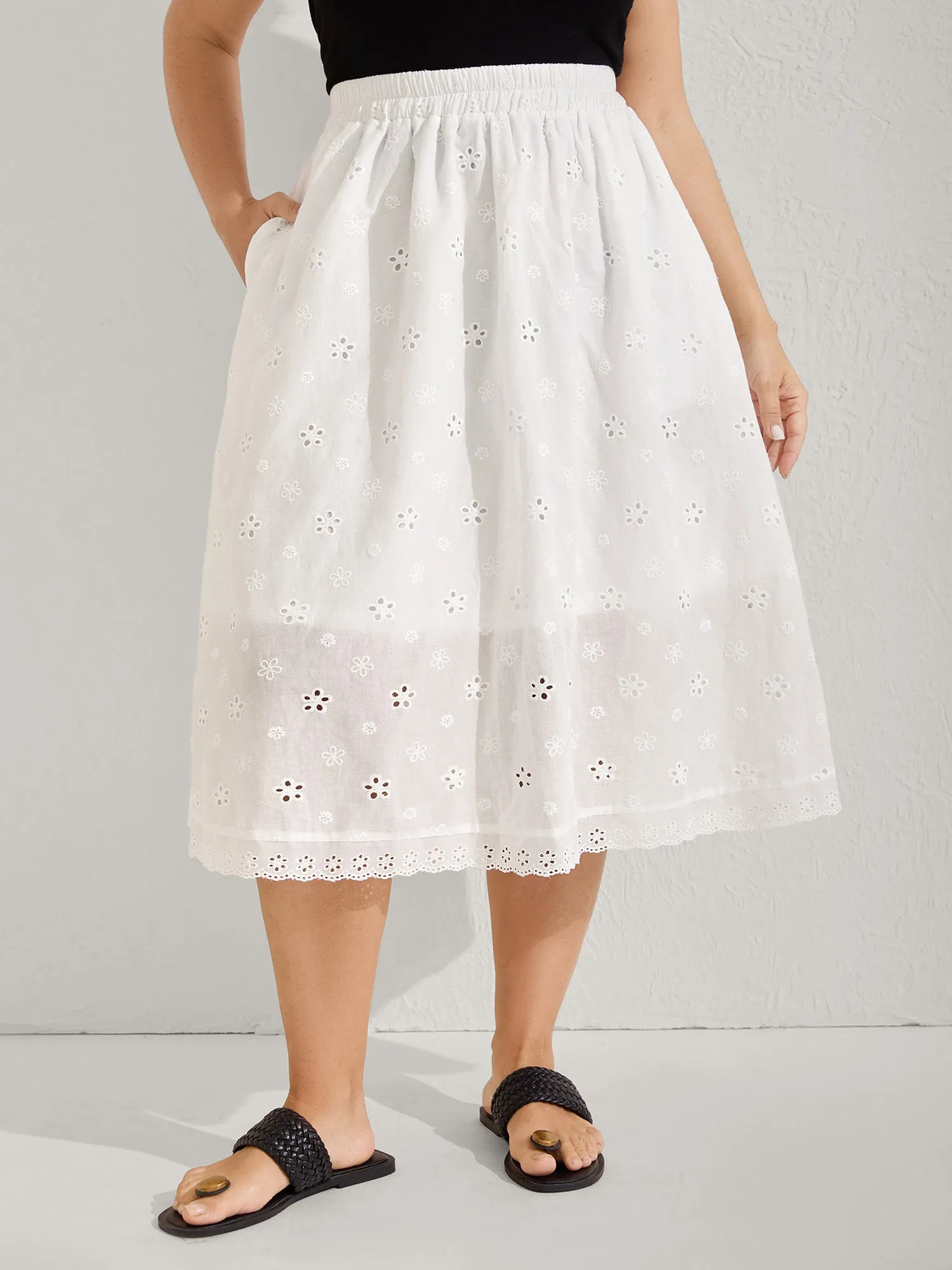 Cotton Eyelet Trim Solid Lined Midi Skirt sold by Bloomchic