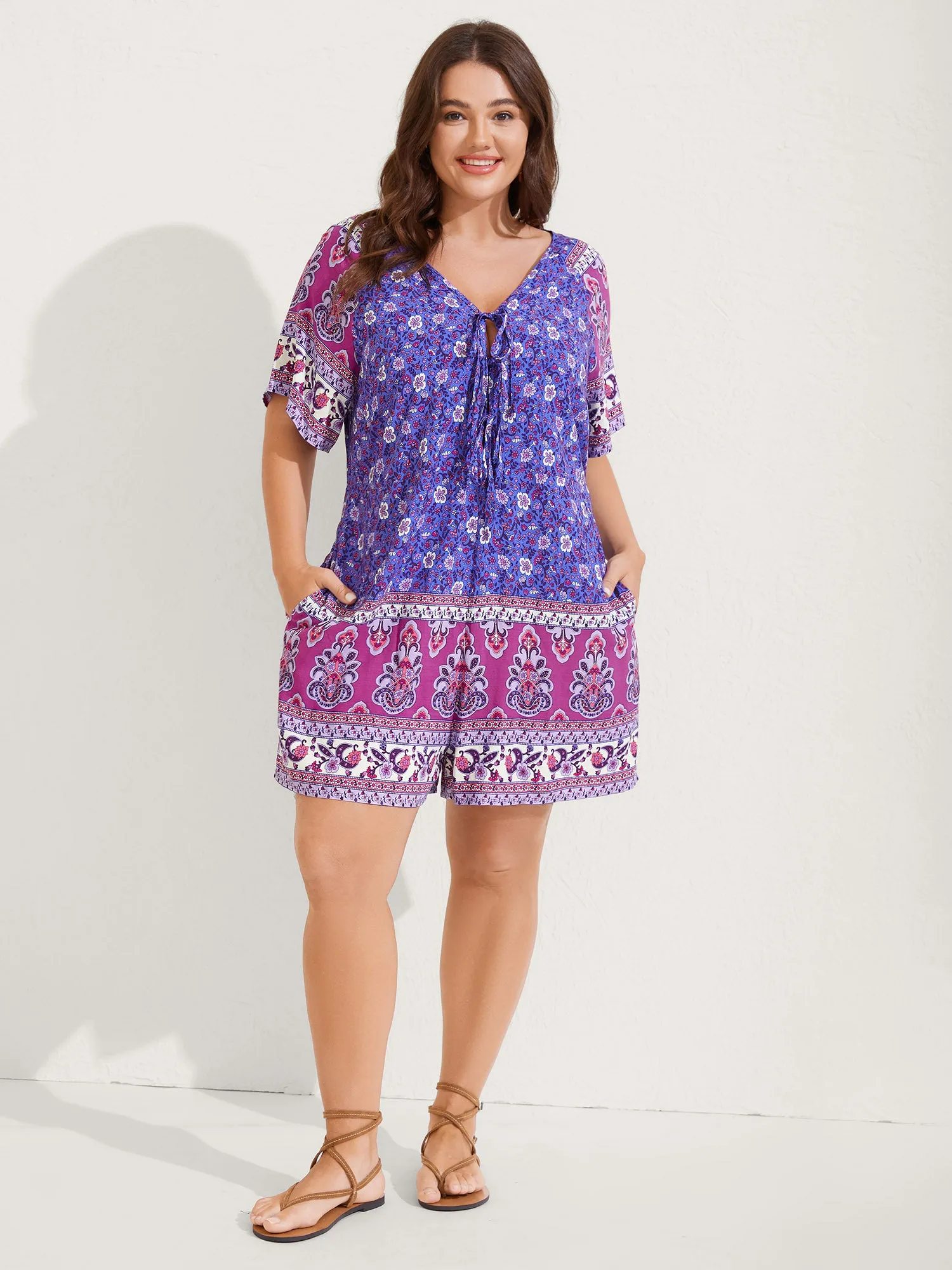 Boho Print Tie Front Breezy Romper sold by Bloomchic product image thumbnail 3
