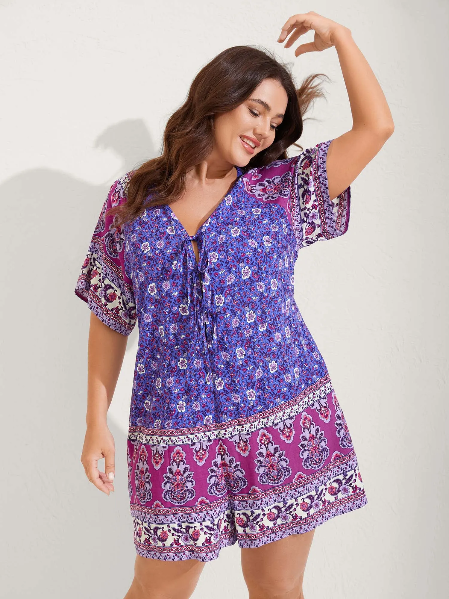 Boho Print Tie Front Breezy Romper sold by Bloomchic
