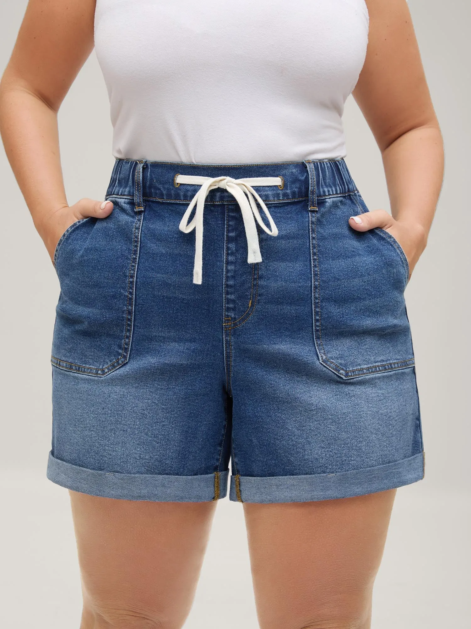 Stretchy Waist Vintage Drawstring Denim Shorts sold by Bloomchic