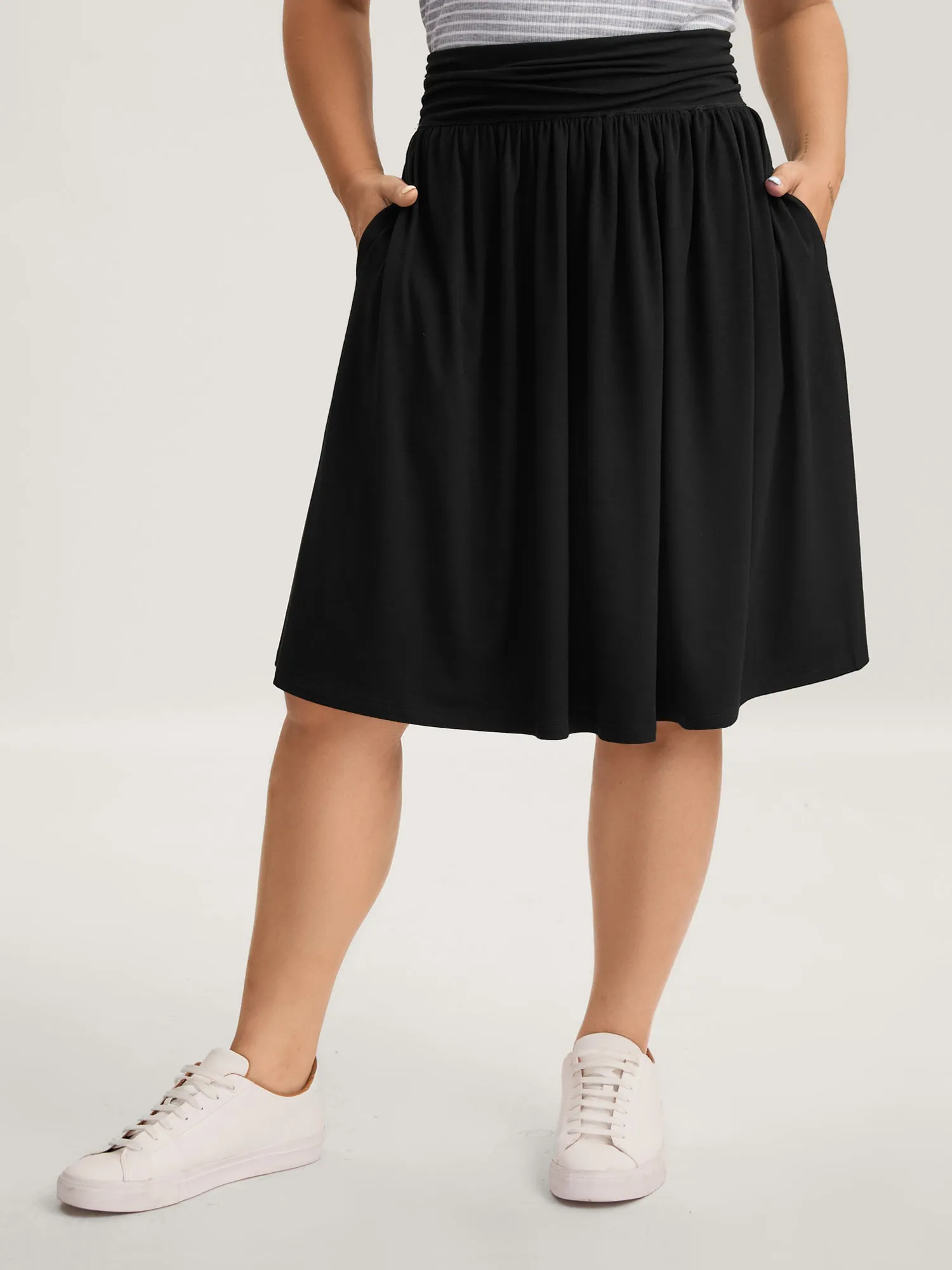 Ruched Waist Flowy Solid Midi Skirt sold by Bloomchic