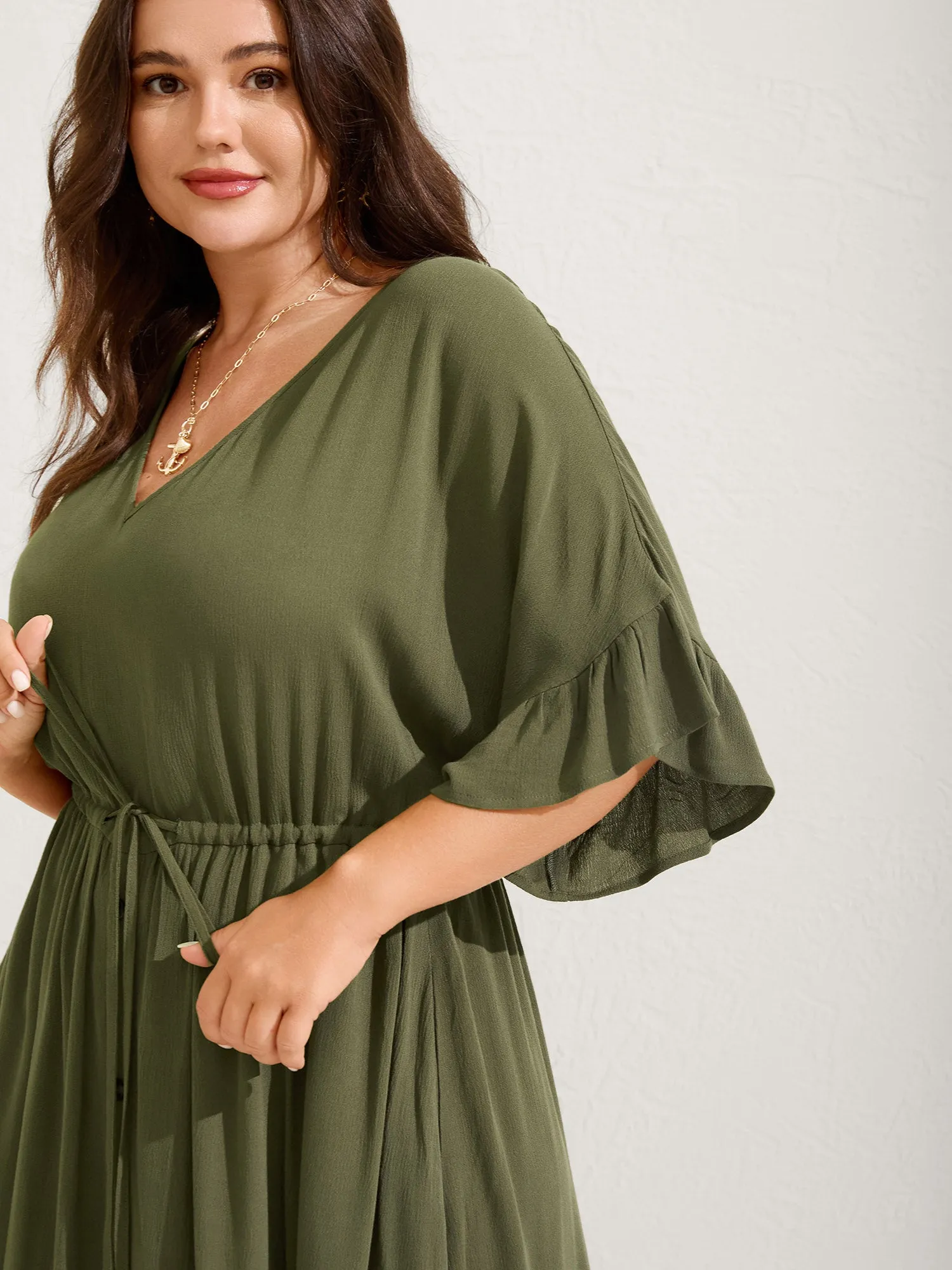 Waist-Defining Tie Ruffled Sleeve Midi Dress sold by Bloomchic product image thumbnail 2