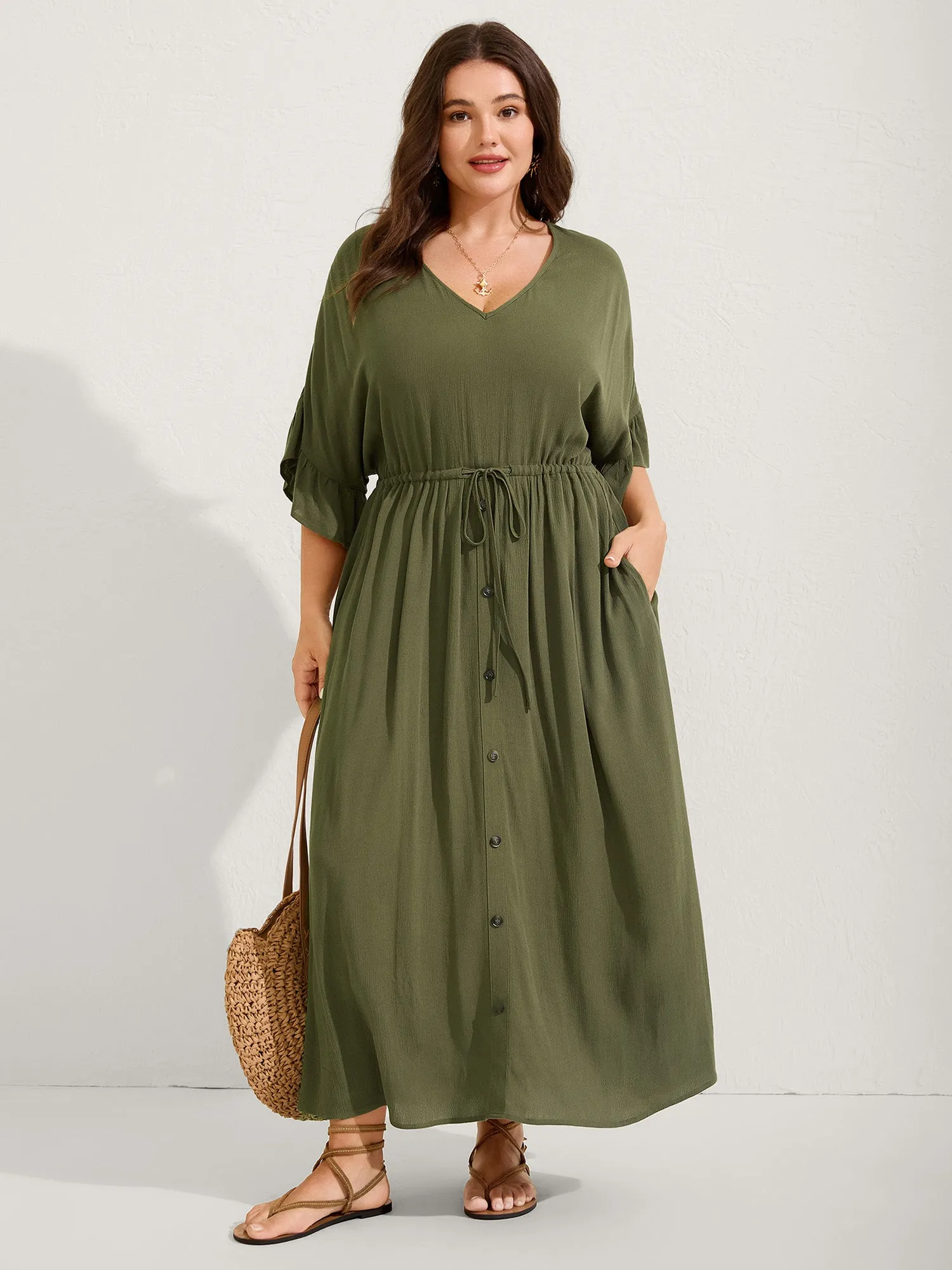 Waist-Defining Tie Ruffled Sleeve Midi Dress sold by Bloomchic product image thumbnail 3