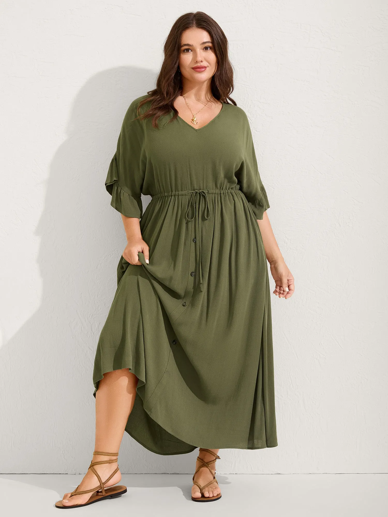 Waist-Defining Tie Ruffled Sleeve Midi Dress sold by Bloomchic