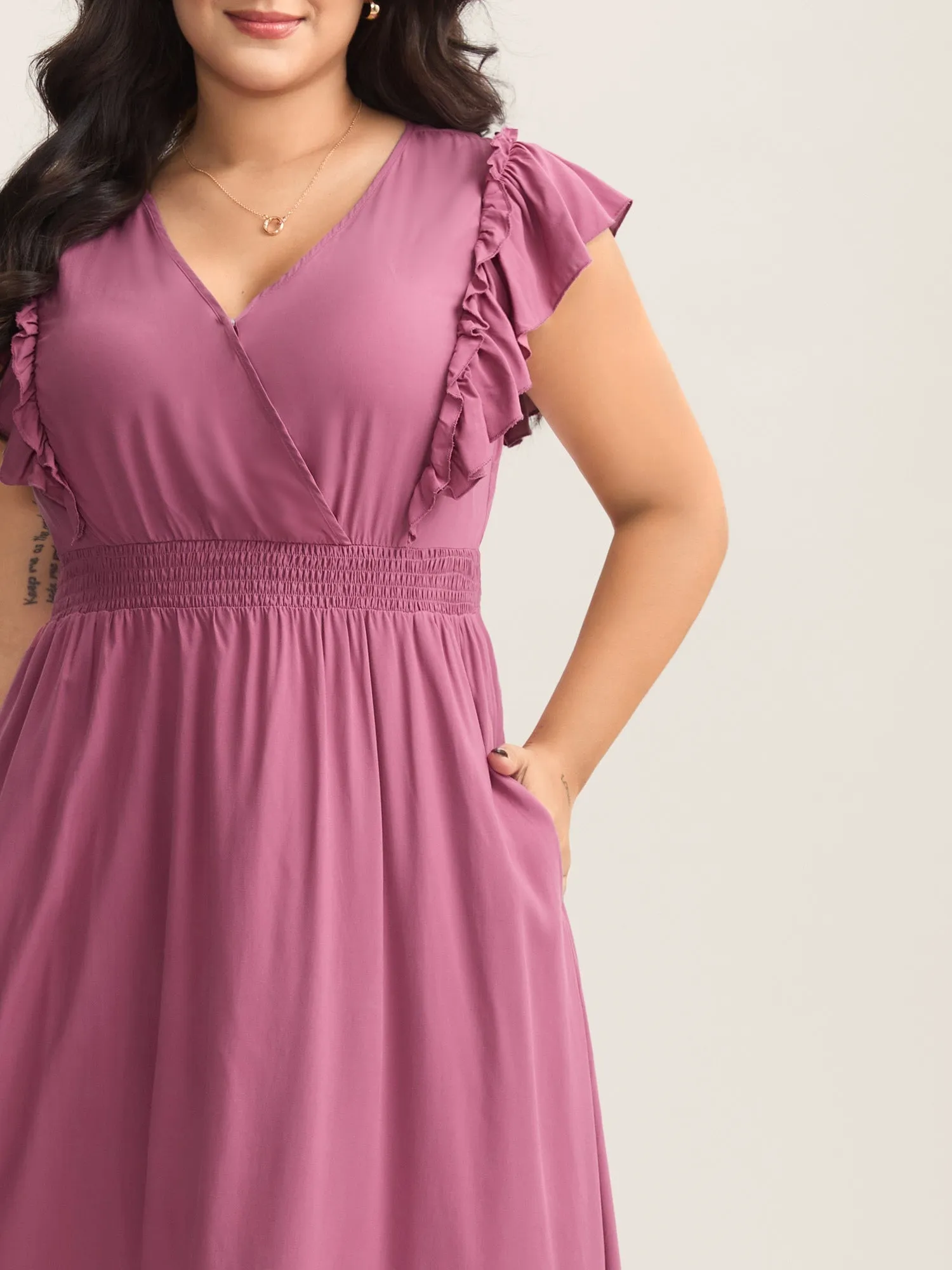 Rayon Ruffled Shirred Waist Solid Midi Dress sold by Bloomchic product image thumbnail 2