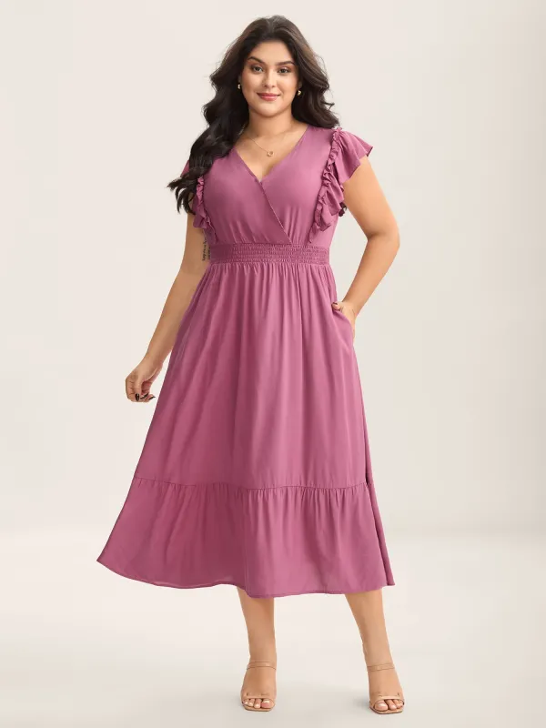 Rayon Ruffled Shirred Waist Solid Midi Dress sold by Bloomchic