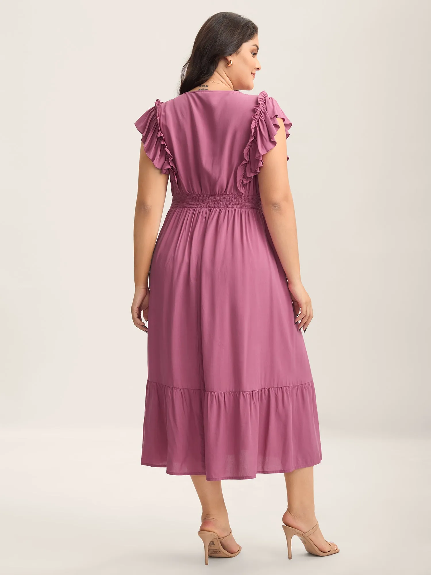 Rayon Ruffled Shirred Waist Solid Midi Dress sold by Bloomchic product image thumbnail 4