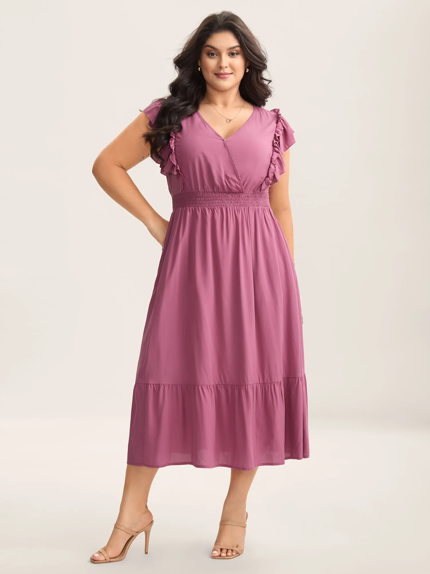 Rayon Ruffled Shirred Waist Solid Midi Dress sold by Bloomchic product image thumbnail 3
