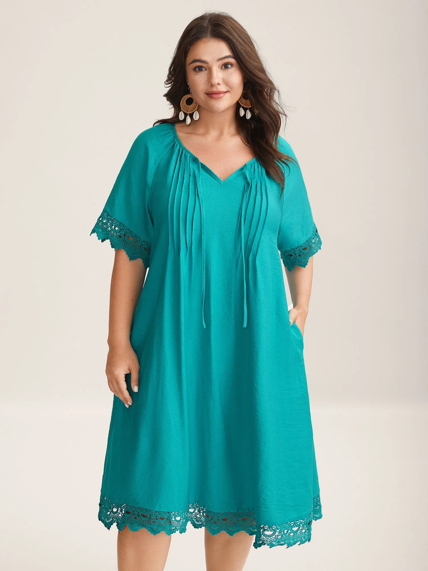 Pleated Lace Trim Relaxed Midi Dress sold by Bloomchic