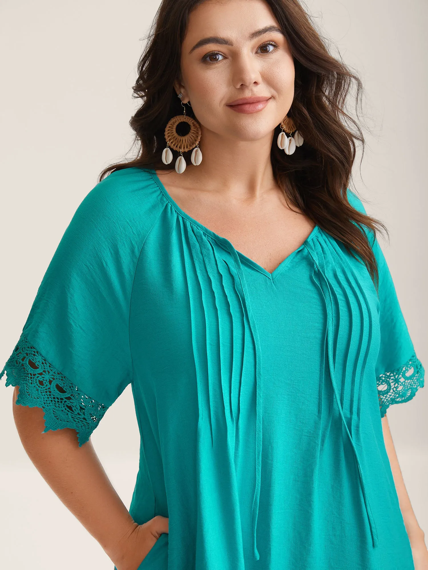 Pleated Lace Trim Relaxed Midi Dress sold by Bloomchic product image thumbnail 2