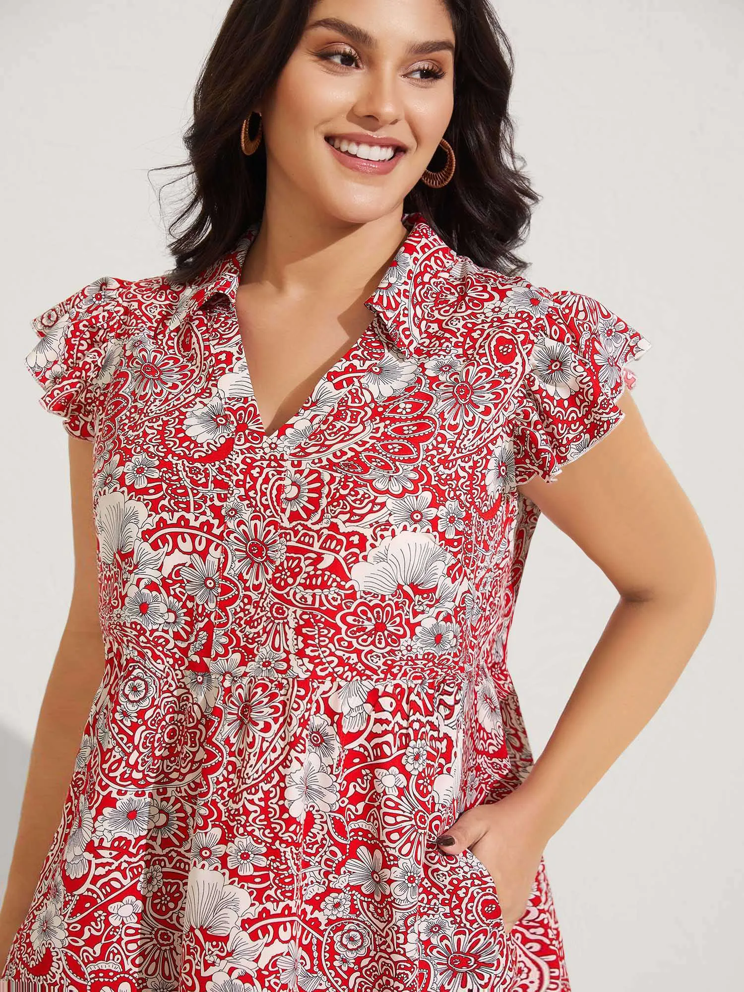 Paisley Print Collar Flutter Sleeve Midi Dress sold by Bloomchic product image thumbnail 2