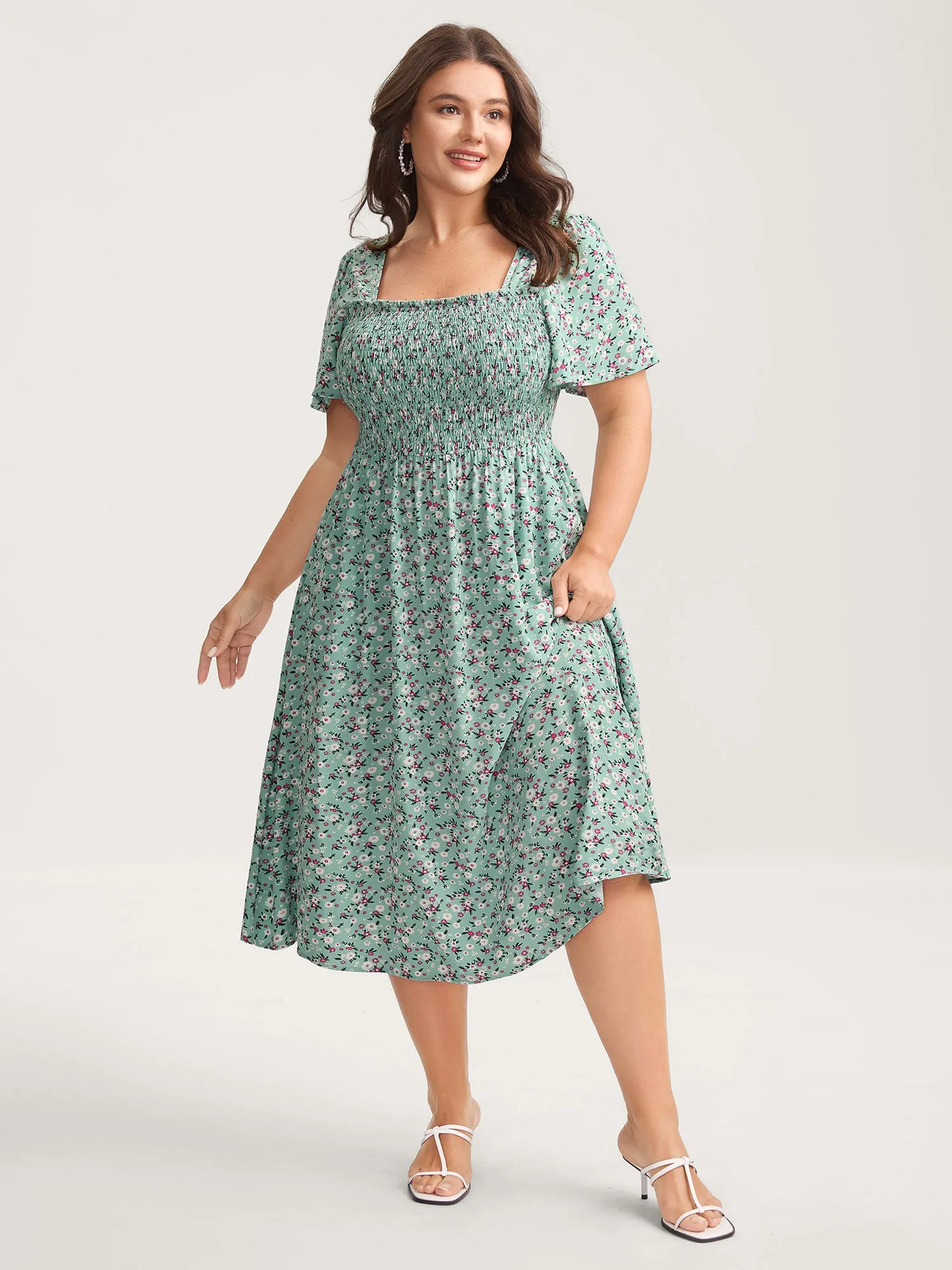 Rayon Ditsy Floral Print Shirred Midi Dress sold by Bloomchic product image thumbnail 3